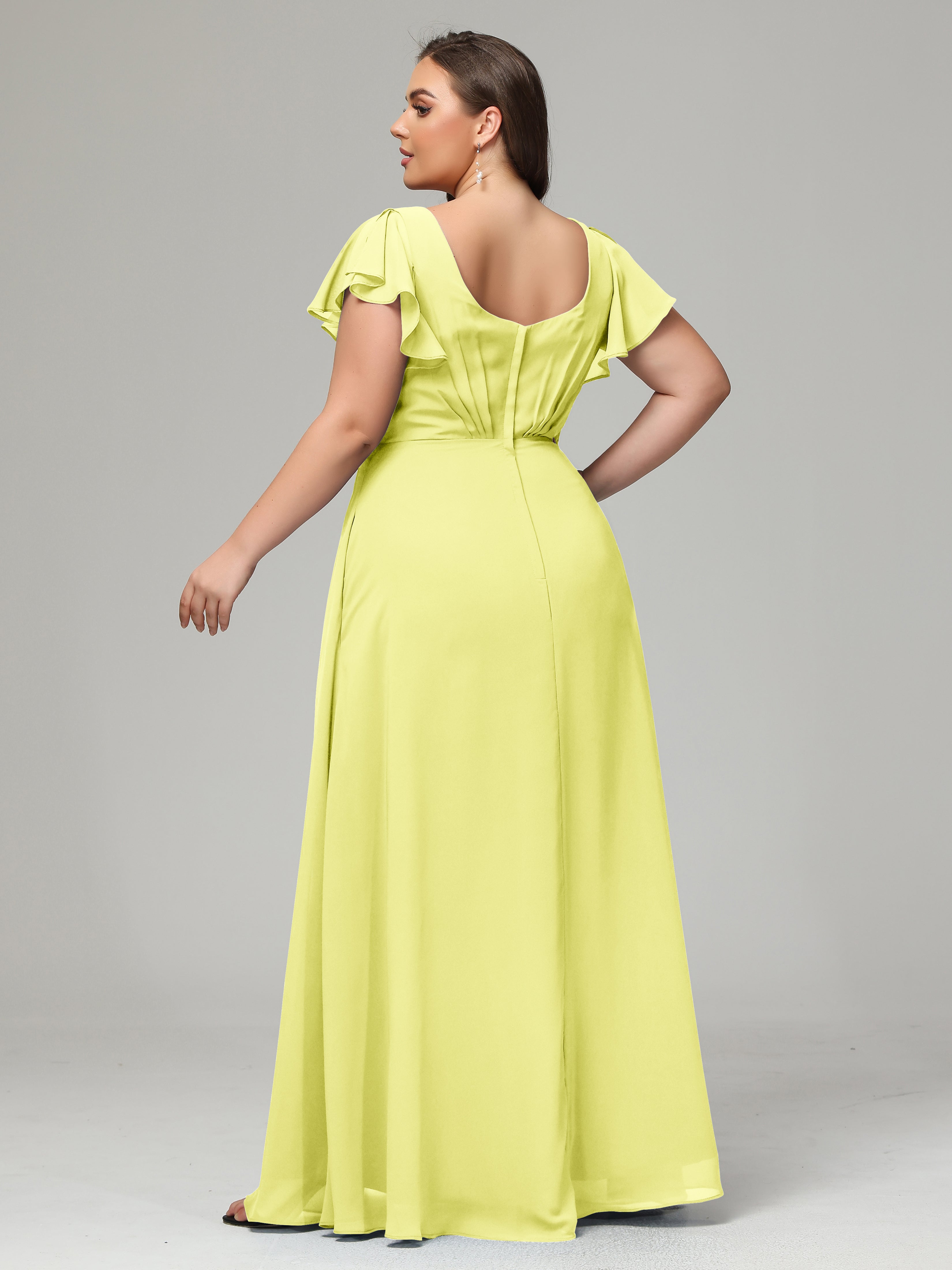 V Neck Chiffon Plus Size Long Bridesmaid Dresses with Sleeves