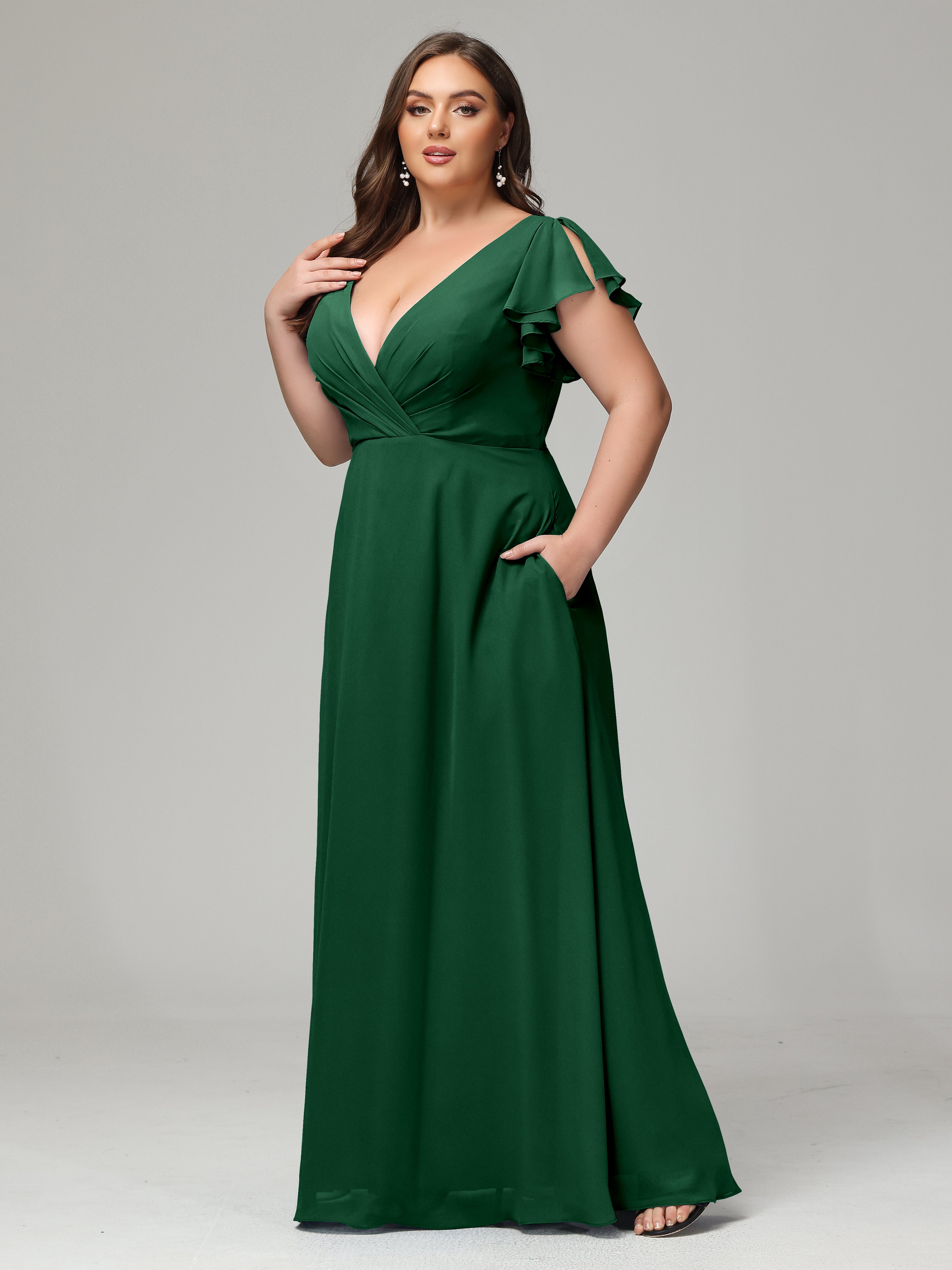 V Neck Chiffon Plus Size Long Bridesmaid Dresses with Sleeves