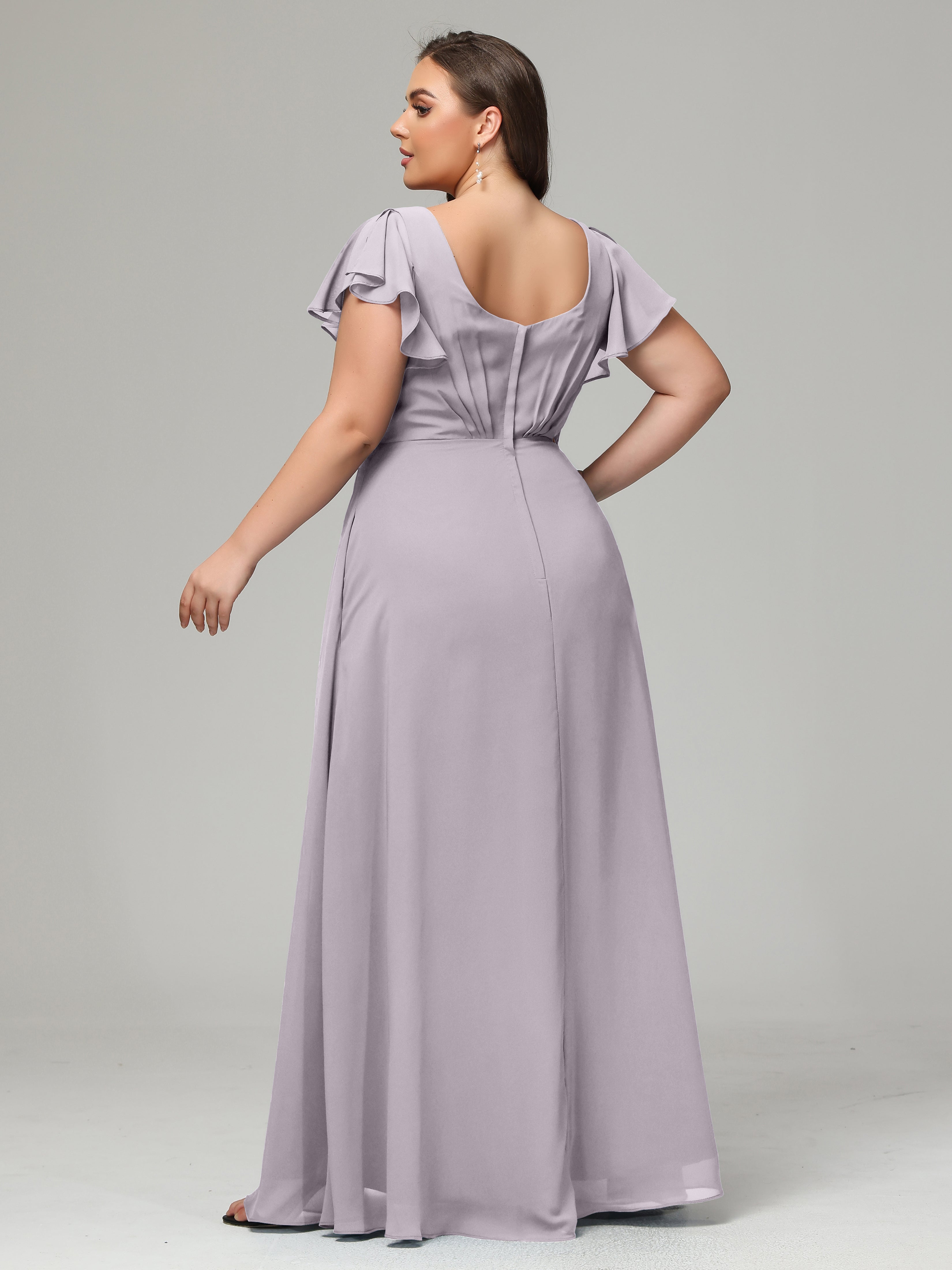 V Neck Chiffon Plus Size Long Bridesmaid Dresses with Sleeves