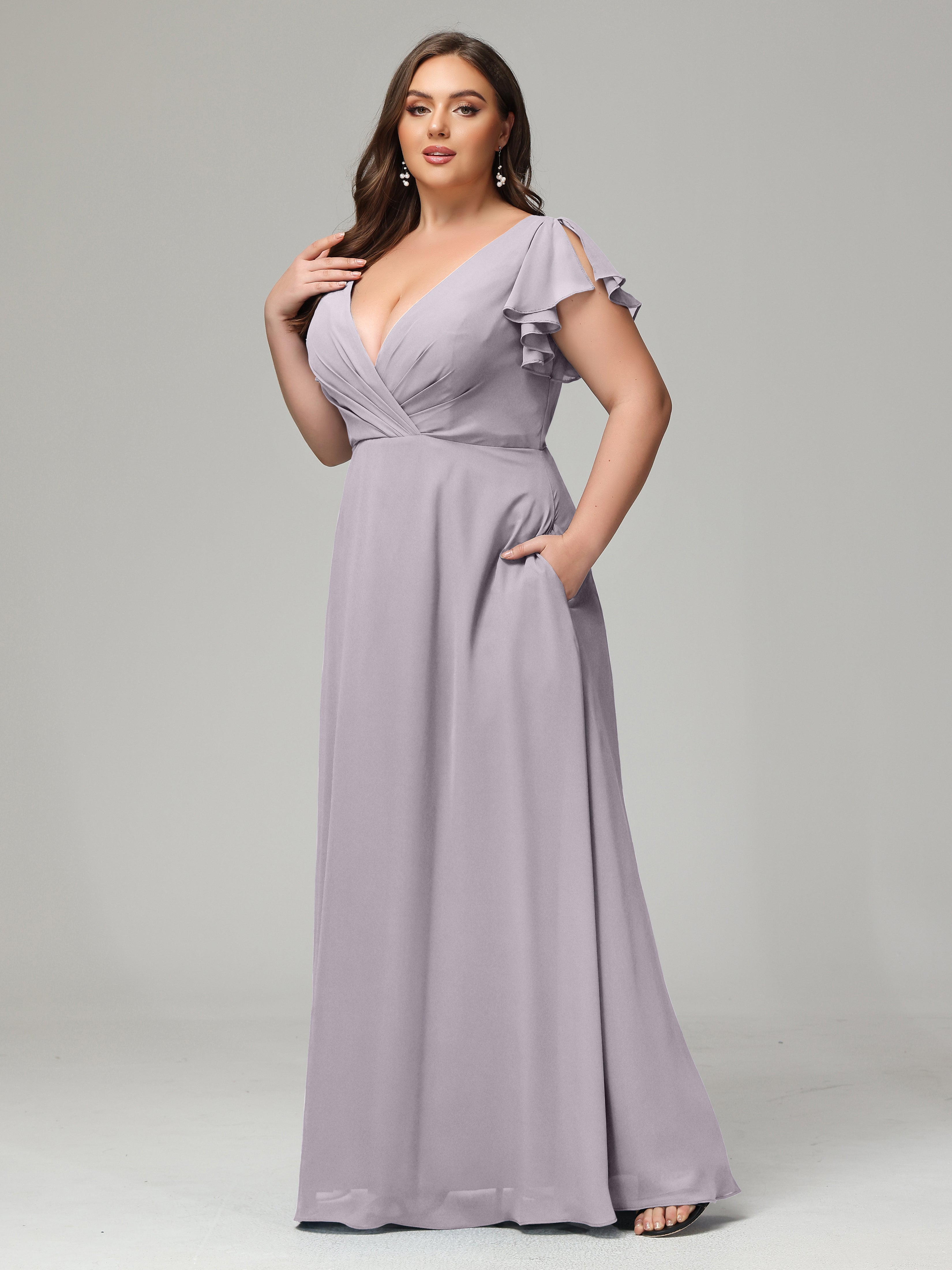 V Neck Chiffon Plus Size Long Bridesmaid Dresses with Sleeves