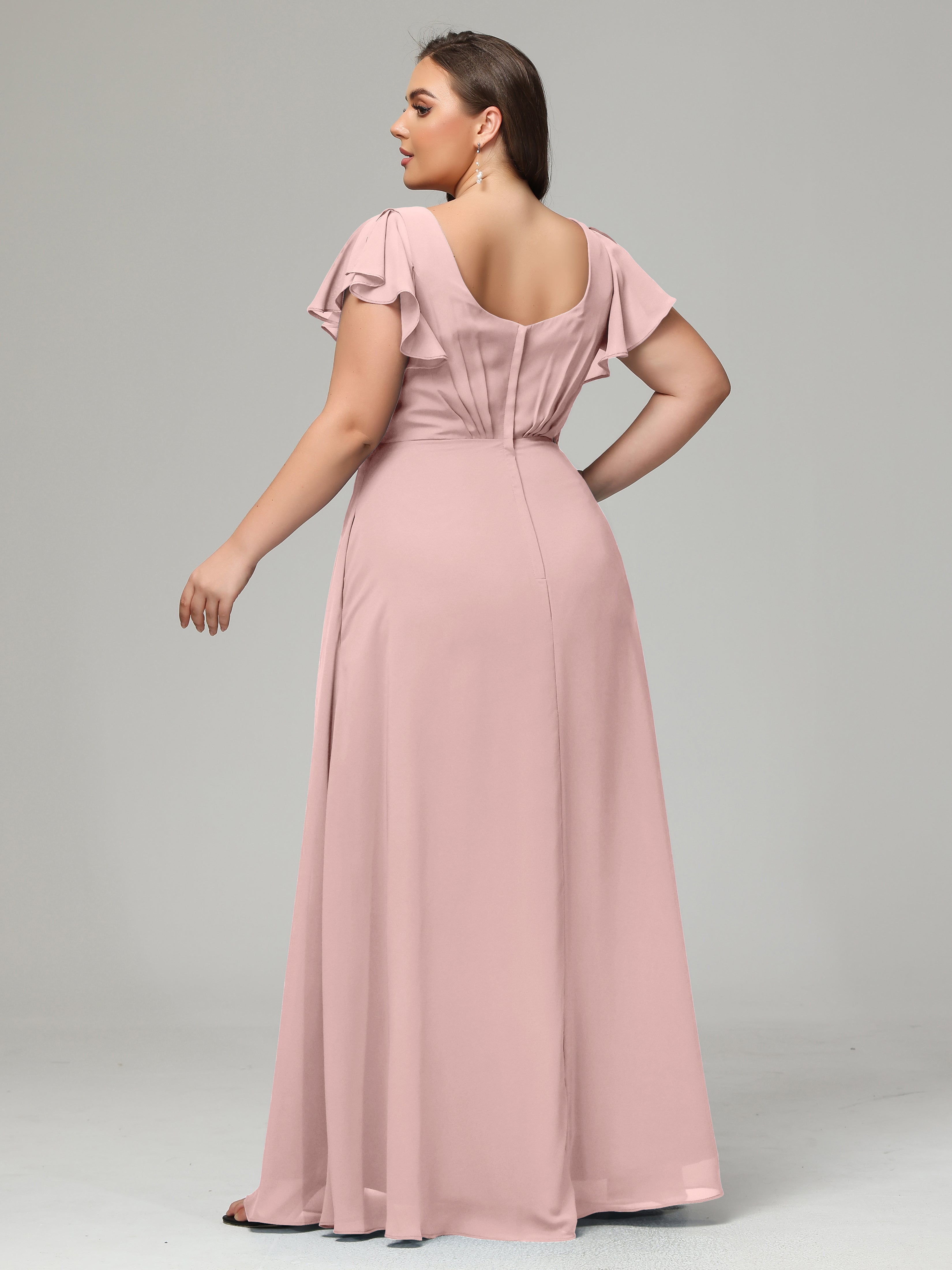 V Neck Chiffon Plus Size Long Bridesmaid Dresses with Sleeves