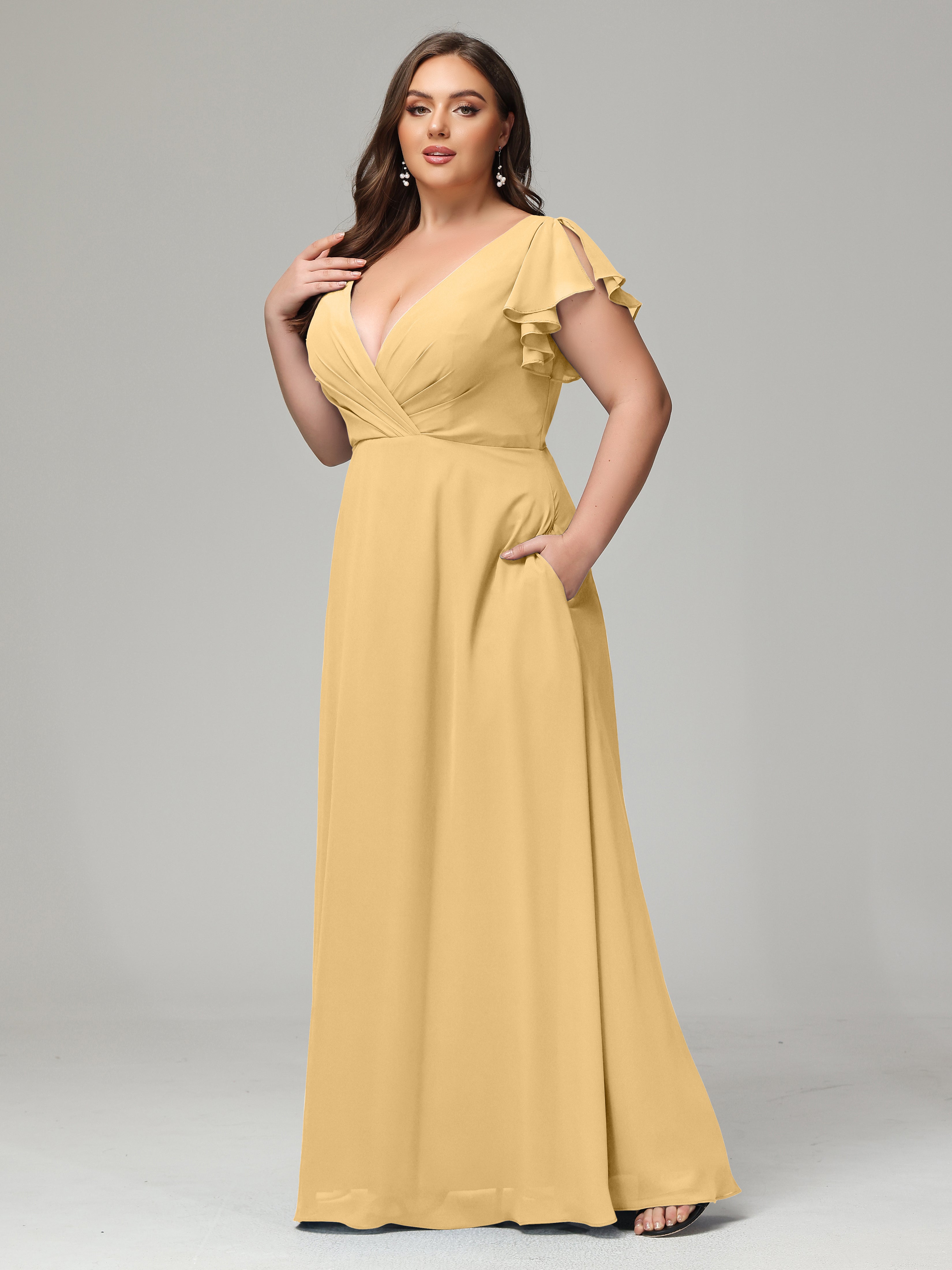 V Neck Chiffon Plus Size Long Bridesmaid Dresses with Sleeves