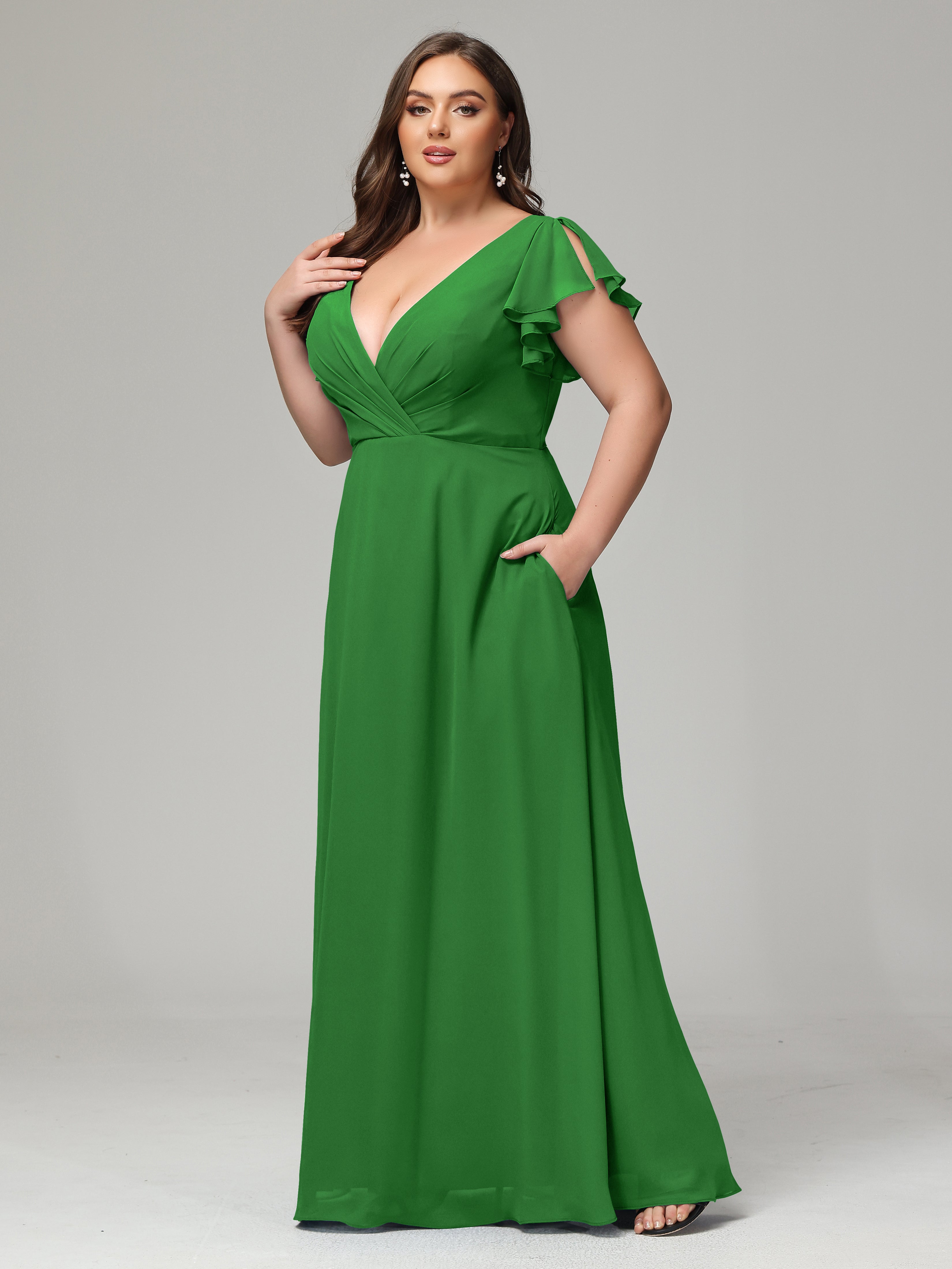 V Neck Chiffon Plus Size Long Bridesmaid Dresses with Sleeves