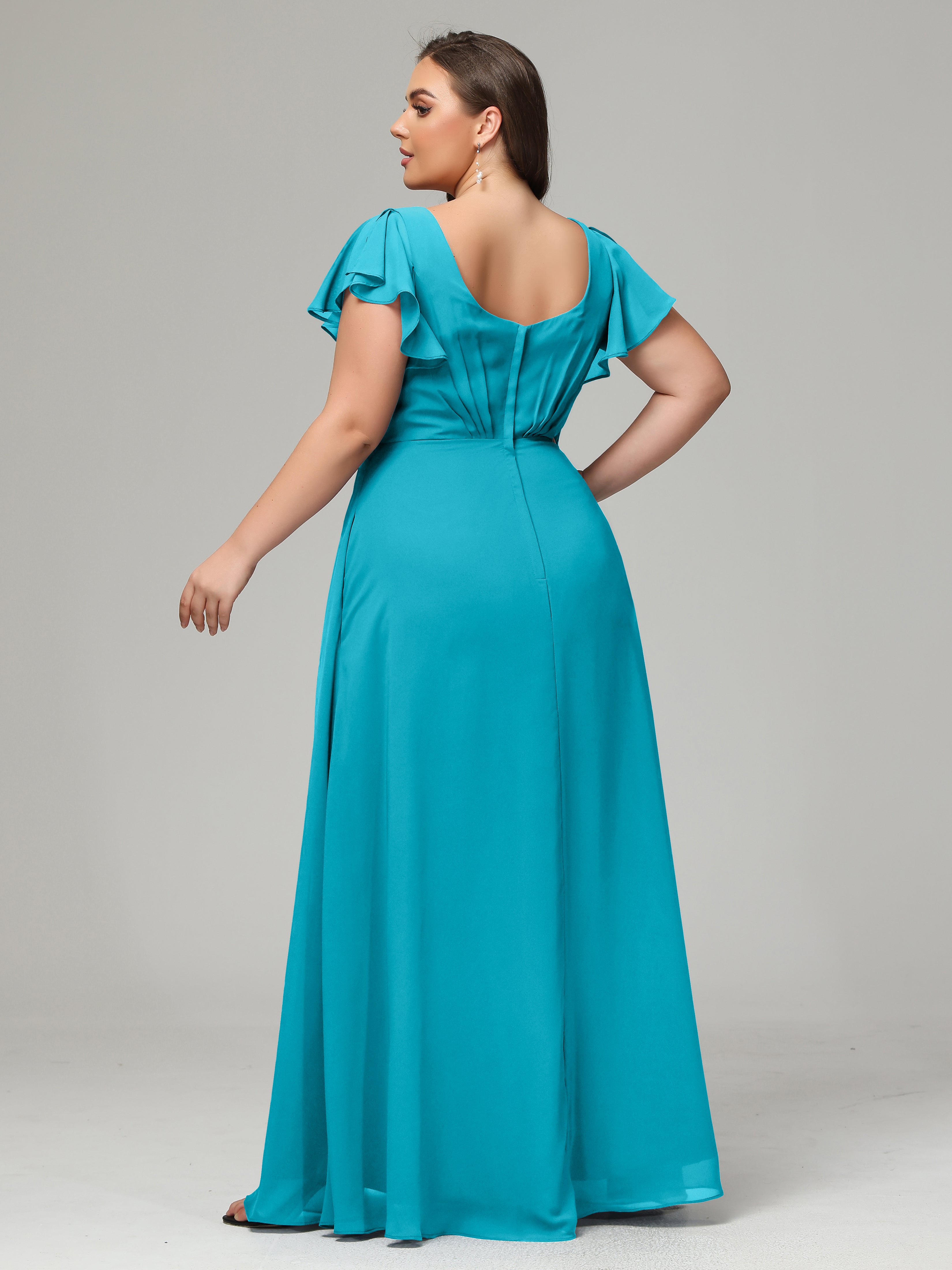 V Neck Chiffon Plus Size Long Bridesmaid Dresses with Sleeves