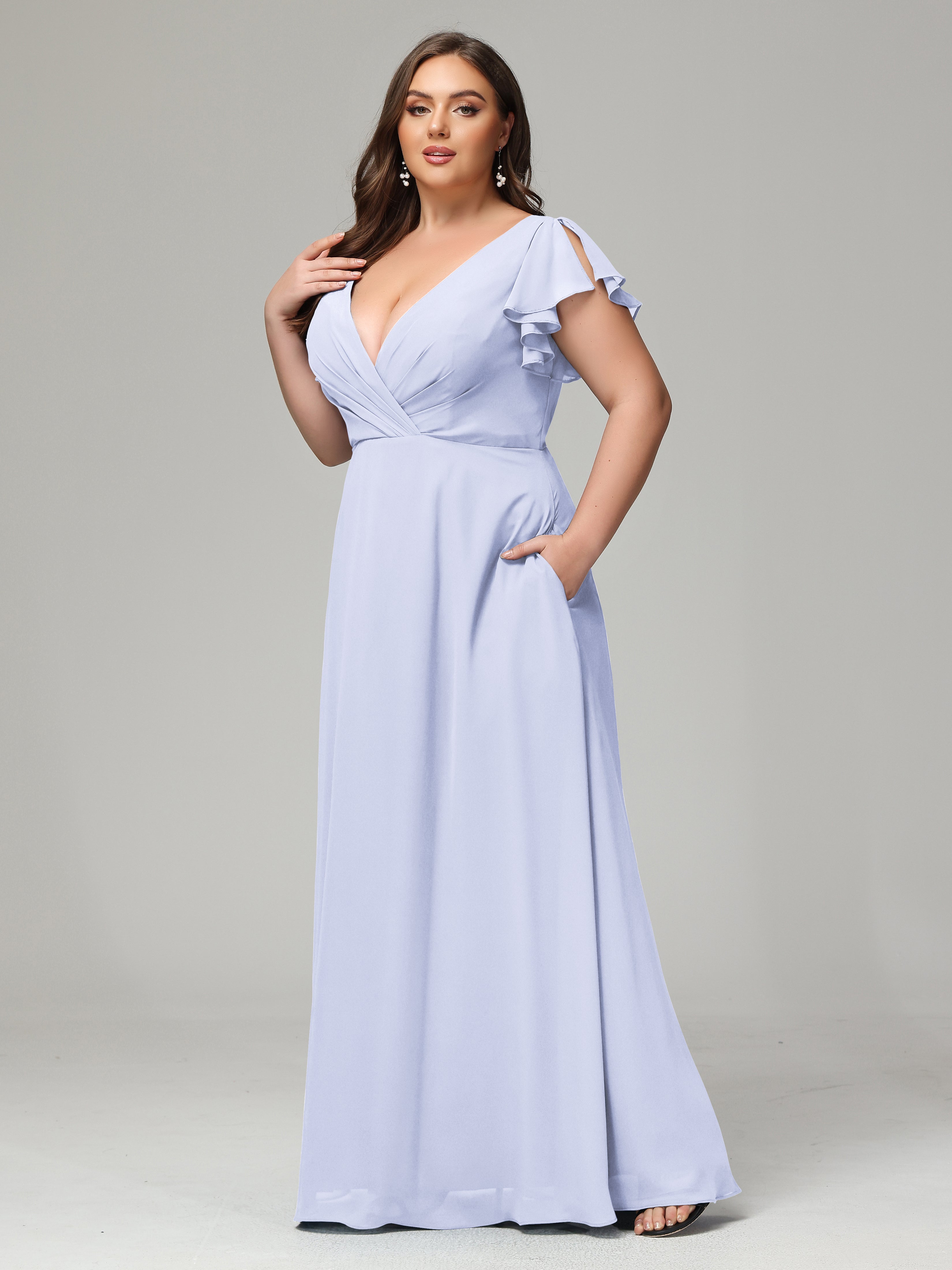 V Neck Chiffon Plus Size Long Bridesmaid Dresses with Sleeves