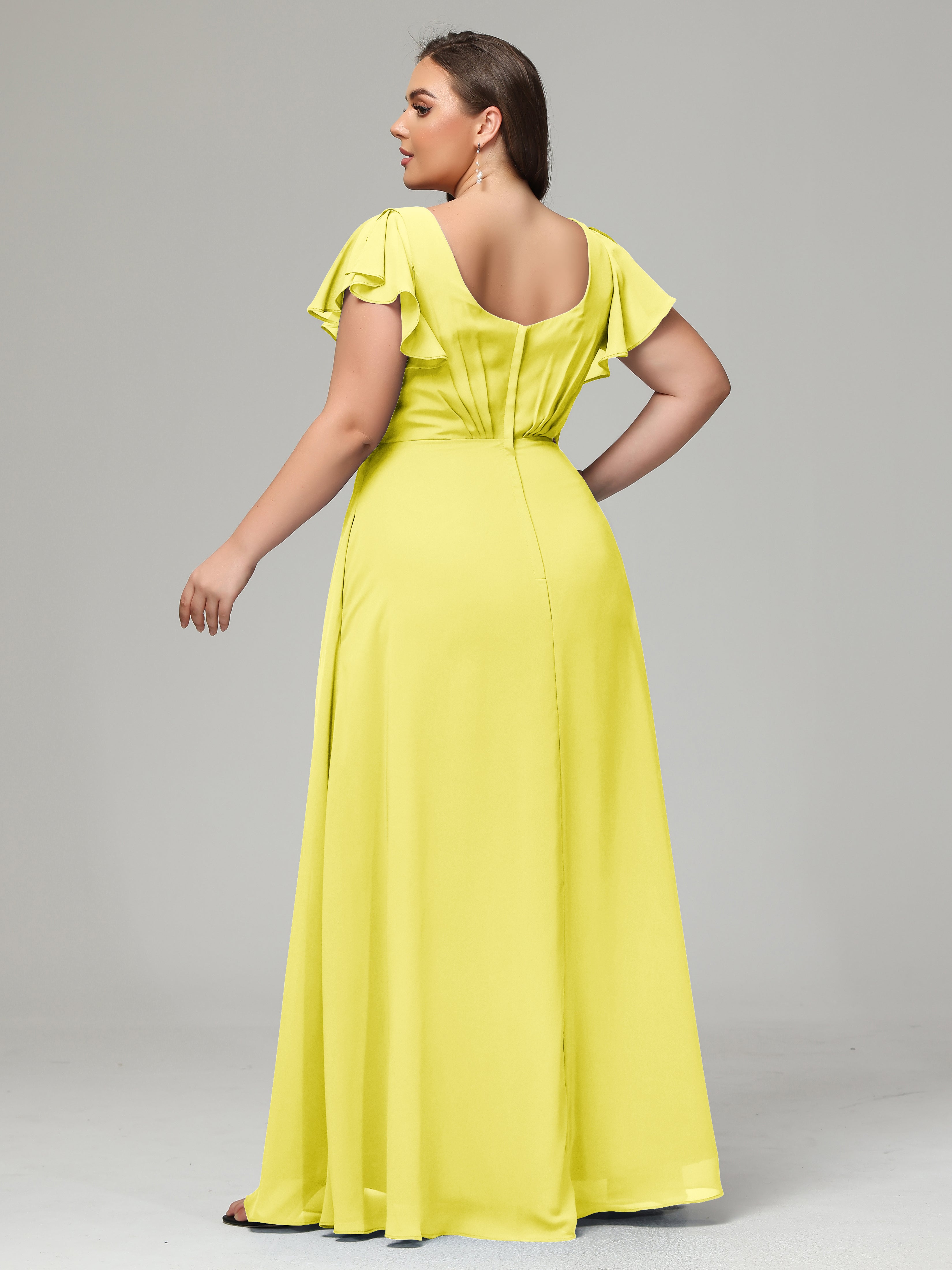 V Neck Chiffon Plus Size Long Bridesmaid Dresses with Sleeves