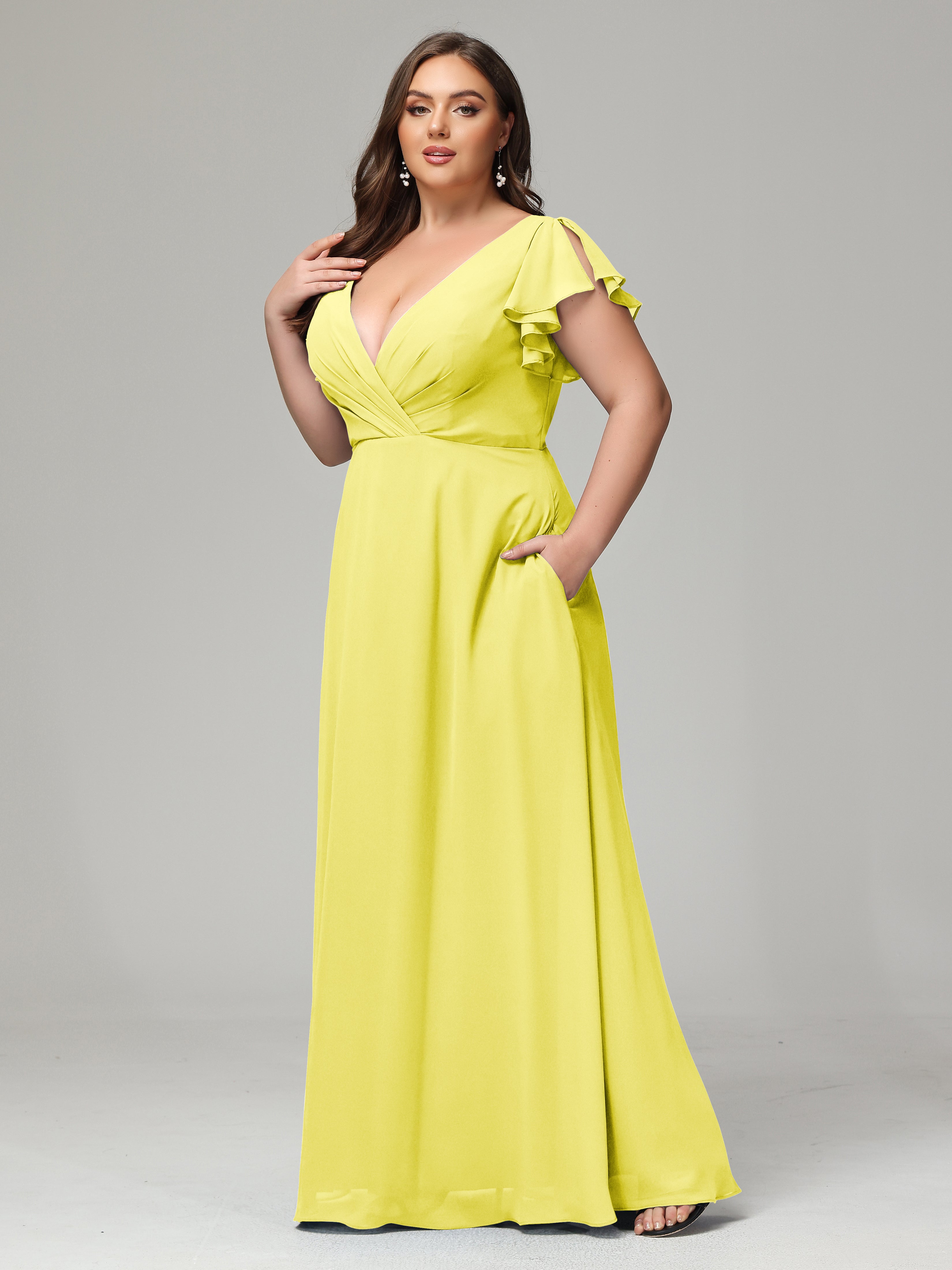 V Neck Chiffon Plus Size Long Bridesmaid Dresses with Sleeves