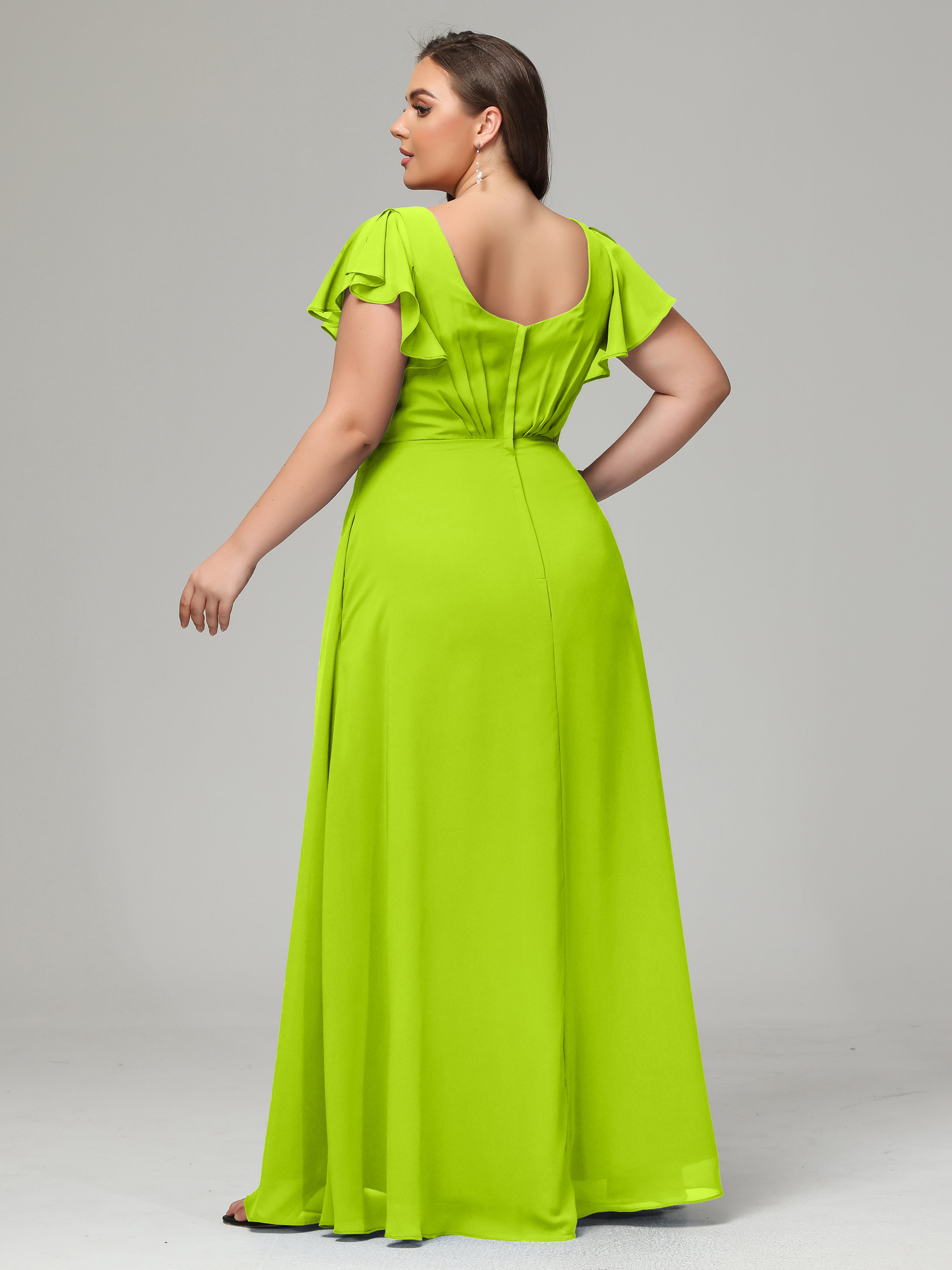 V Neck Chiffon Plus Size Long Bridesmaid Dresses with Sleeves