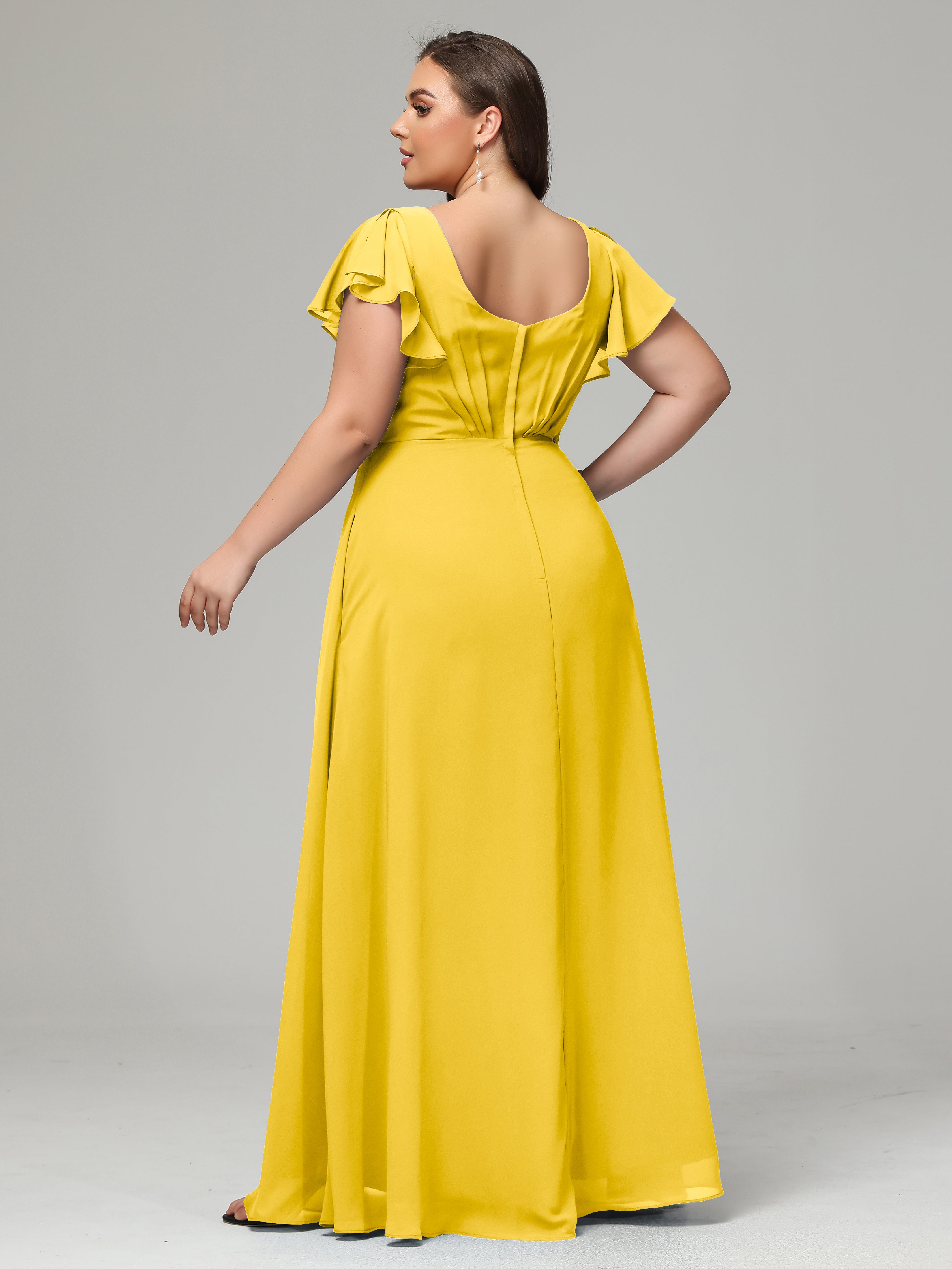 V Neck Chiffon Plus Size Long Bridesmaid Dresses with Sleeves