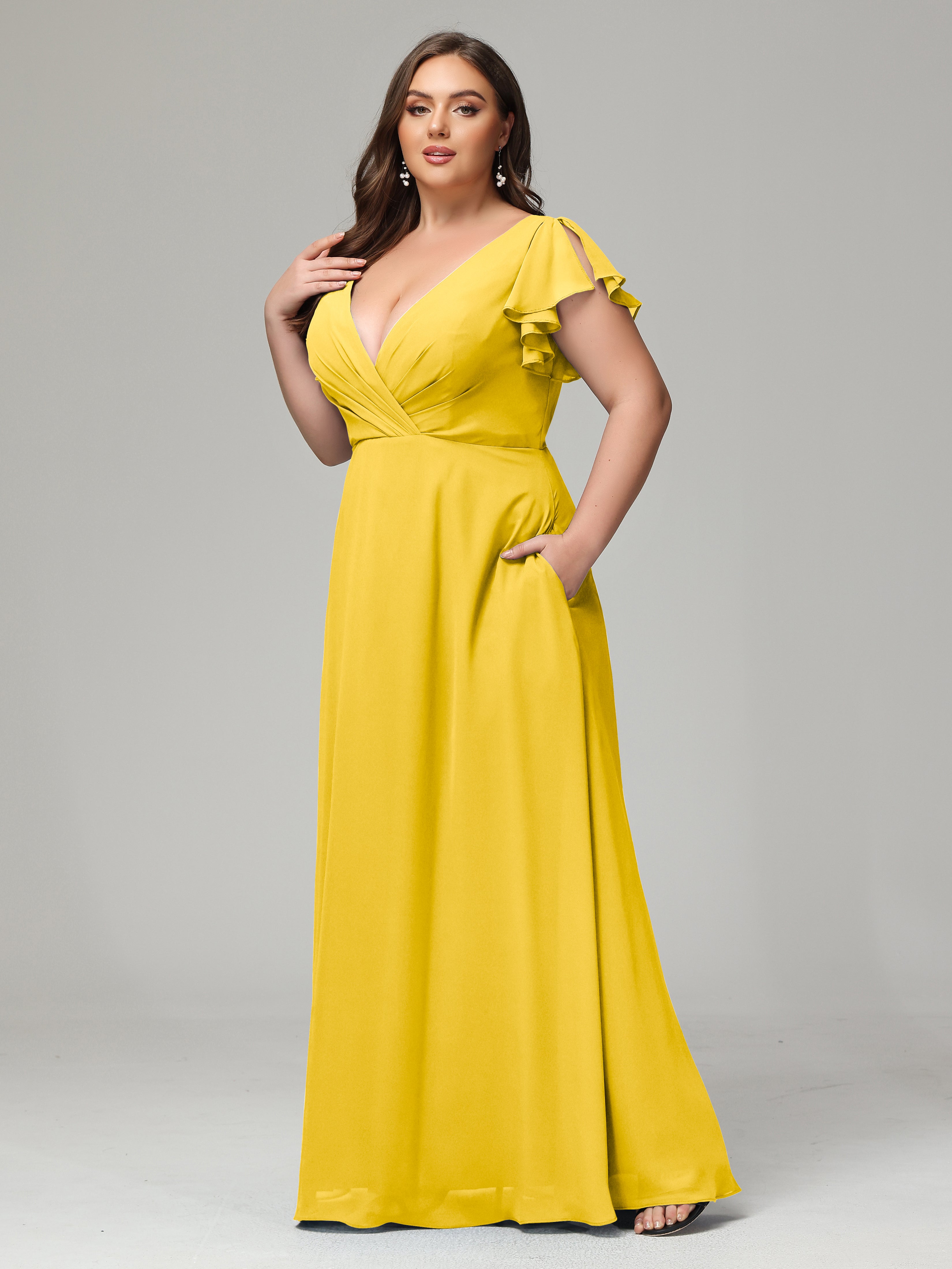 V Neck Chiffon Plus Size Long Bridesmaid Dresses with Sleeves