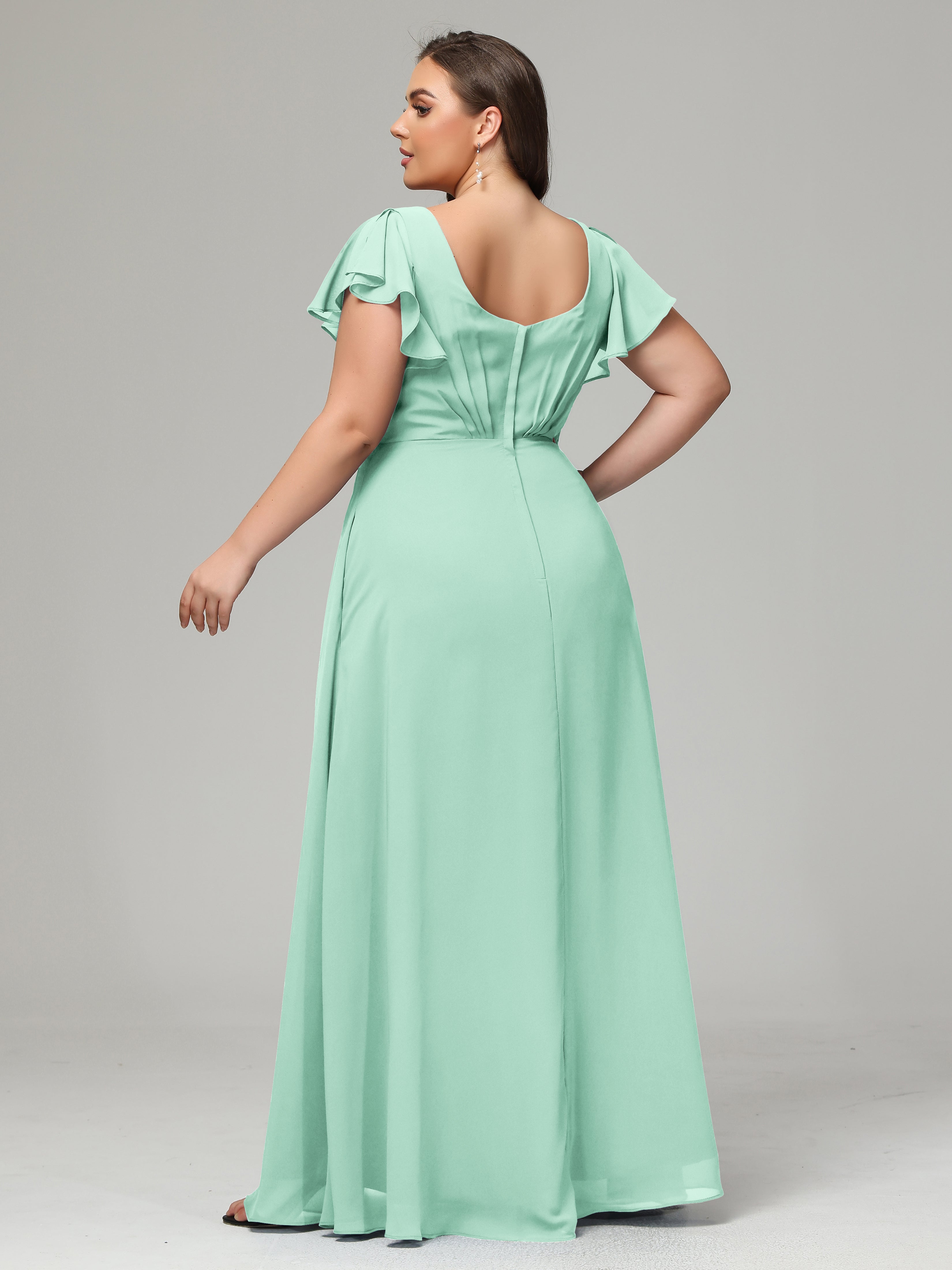 V Neck Chiffon Plus Size Long Bridesmaid Dresses with Sleeves