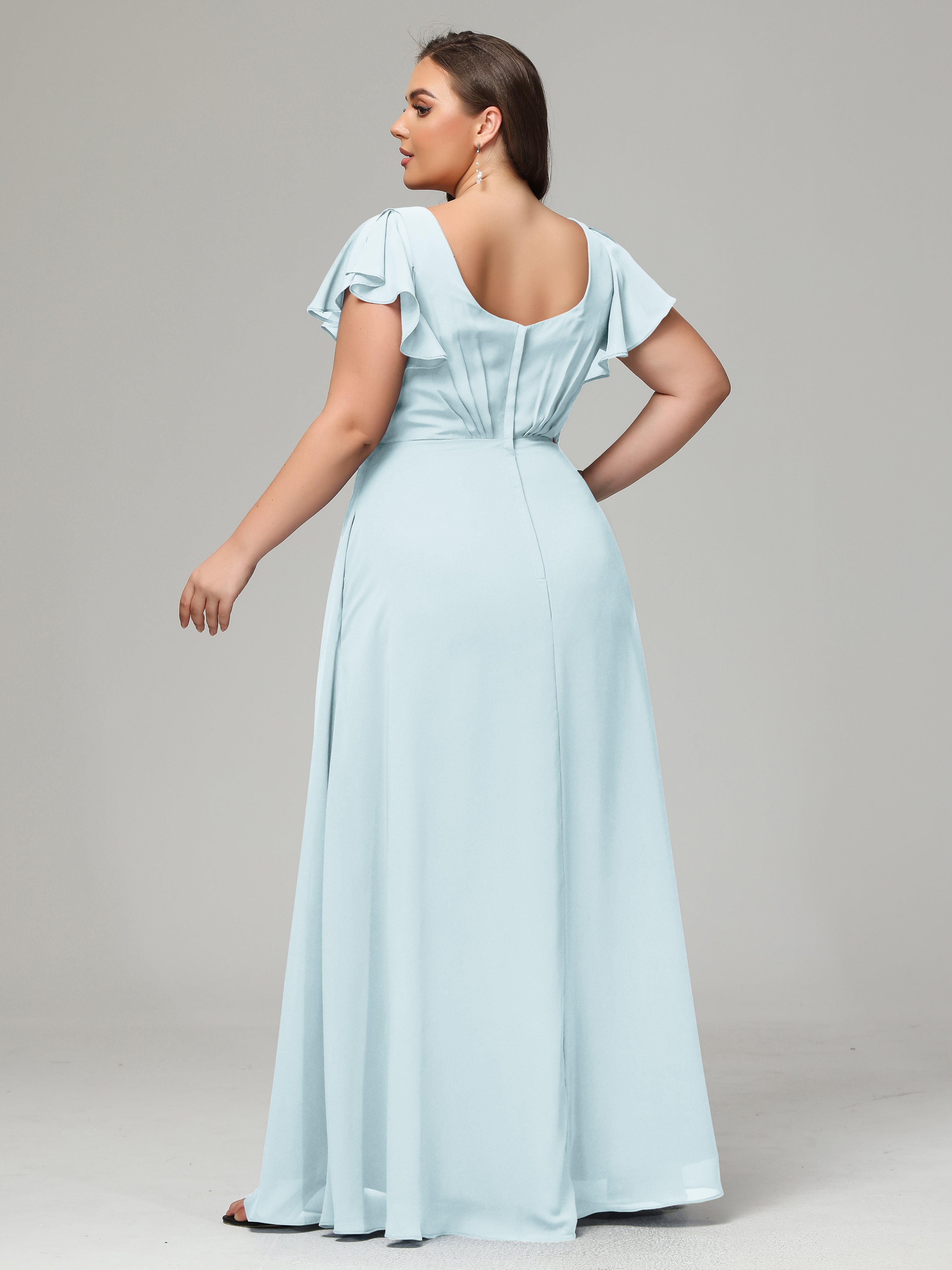 V Neck Chiffon Plus Size Long Bridesmaid Dresses with Sleeves