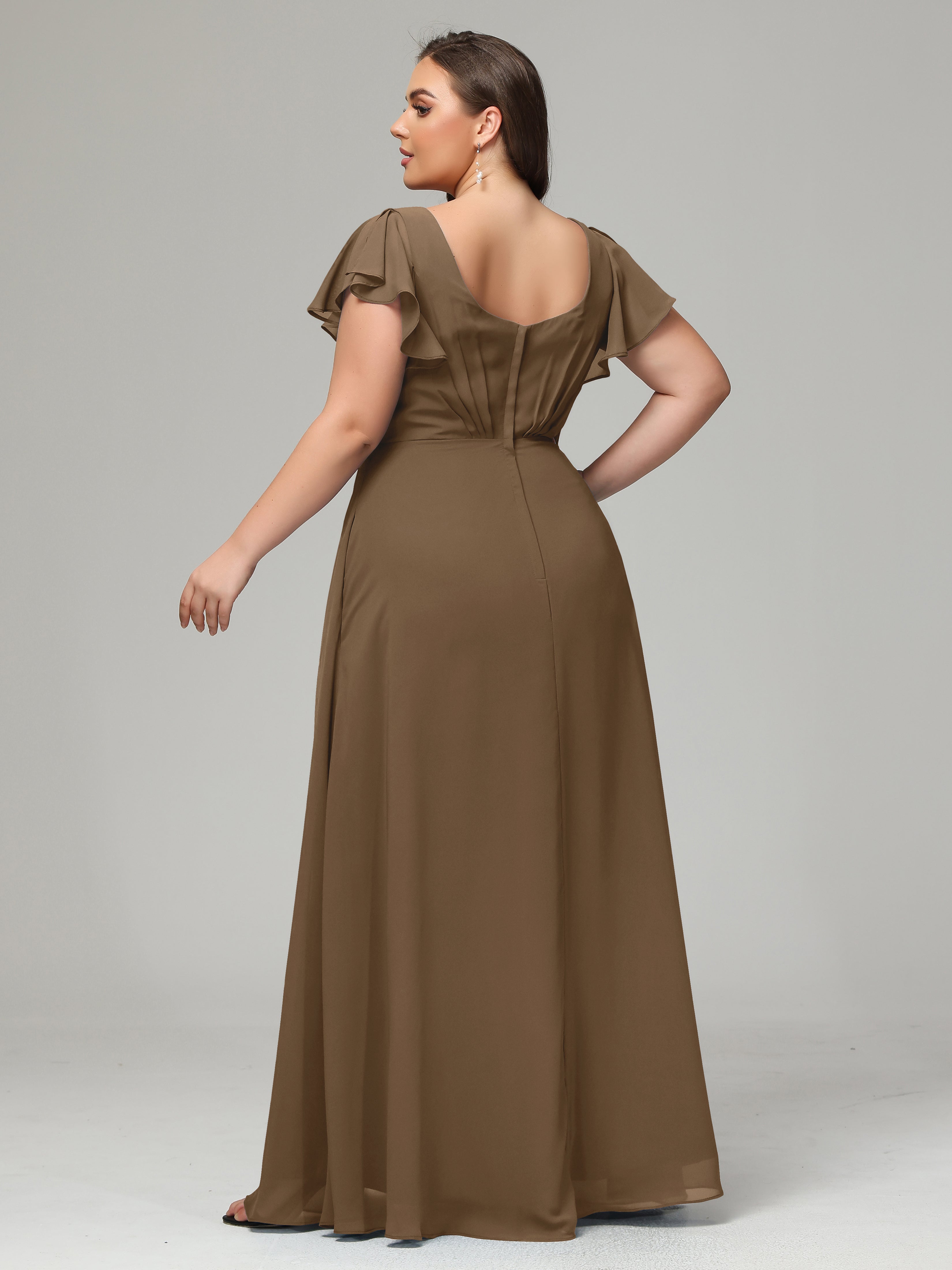 V Neck Chiffon Plus Size Long Bridesmaid Dresses with Sleeves