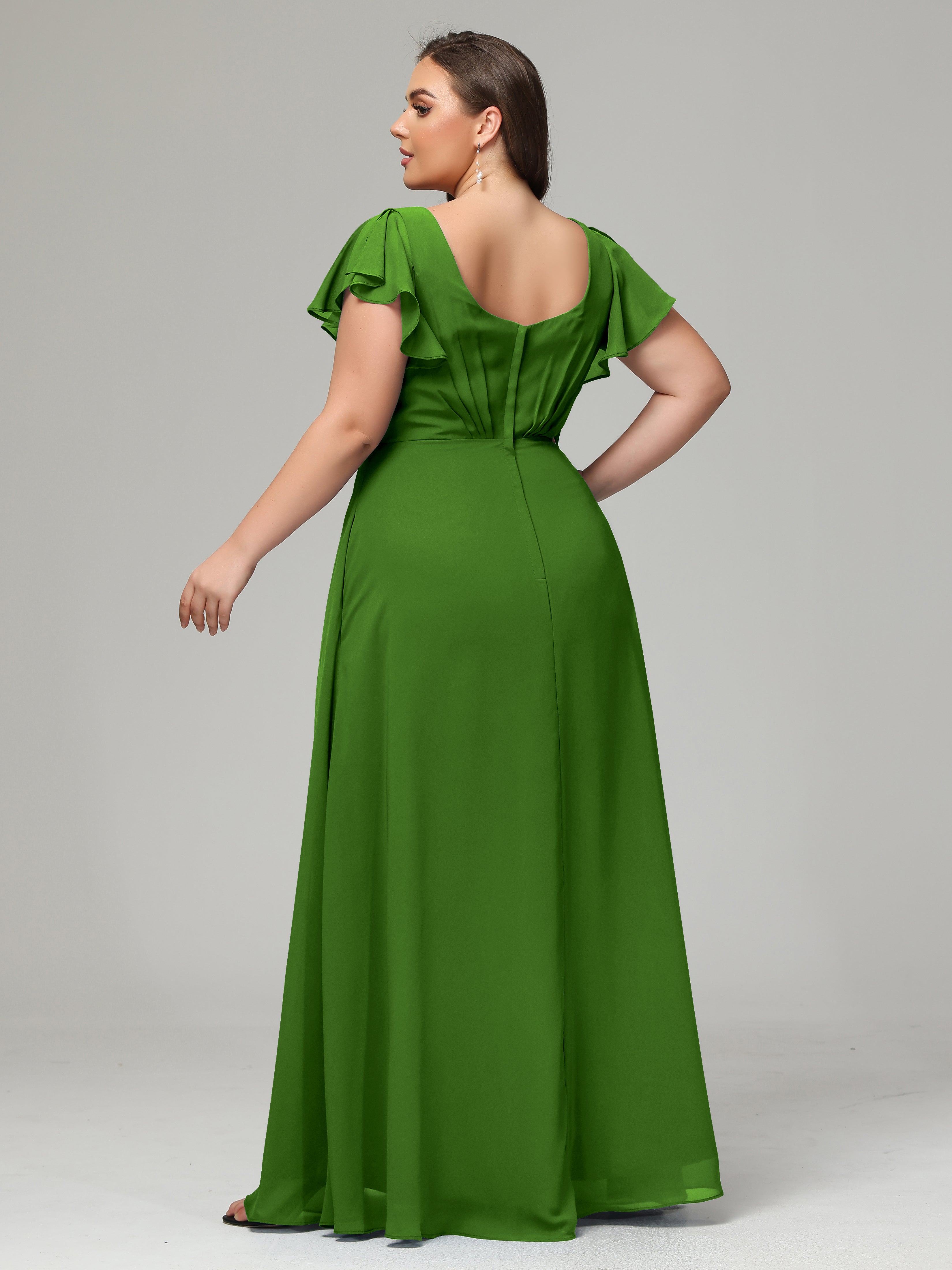 V Neck Chiffon Plus Size Long Bridesmaid Dresses with Sleeves