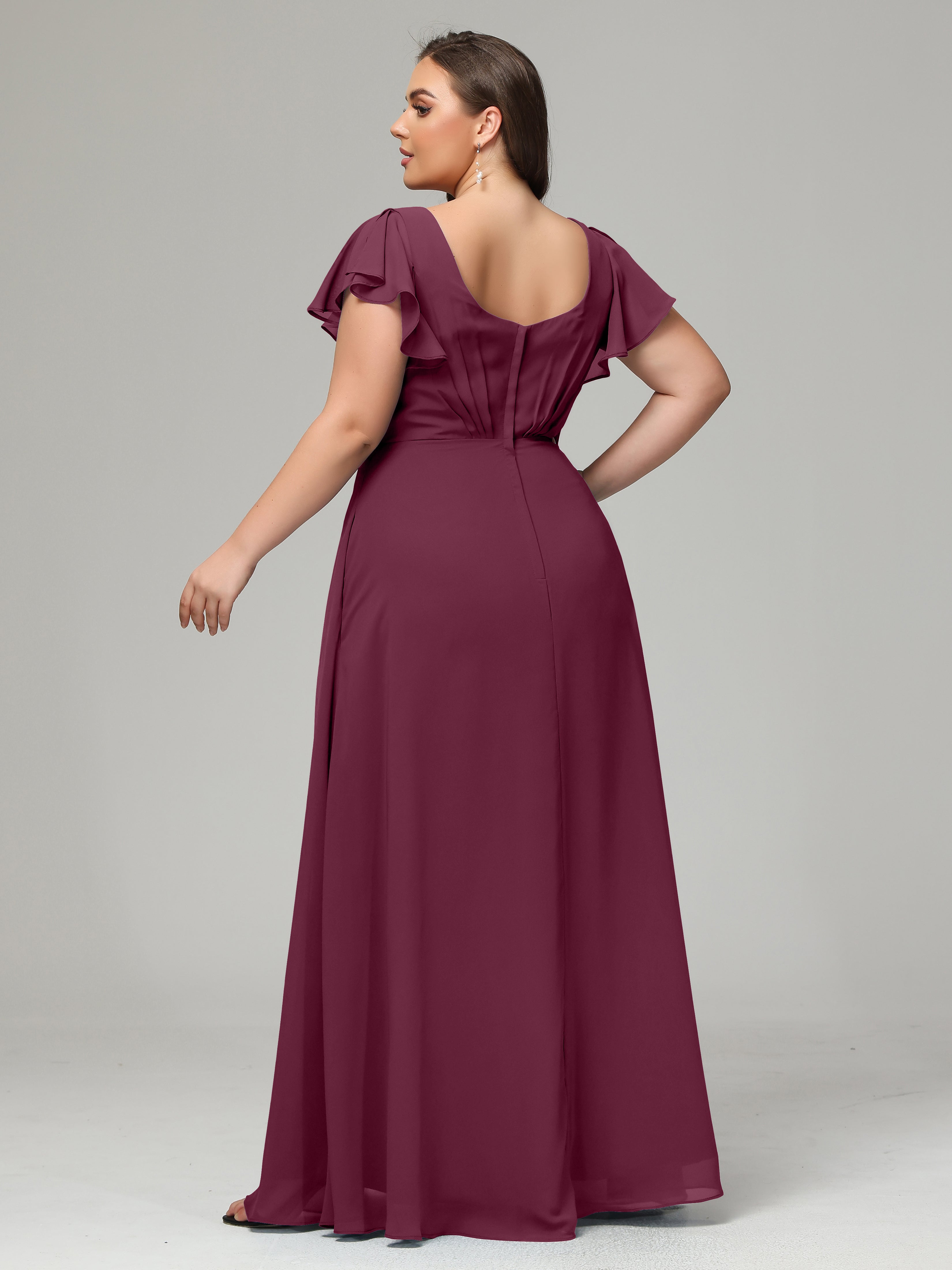 V Neck Chiffon Plus Size Long Bridesmaid Dresses with Sleeves