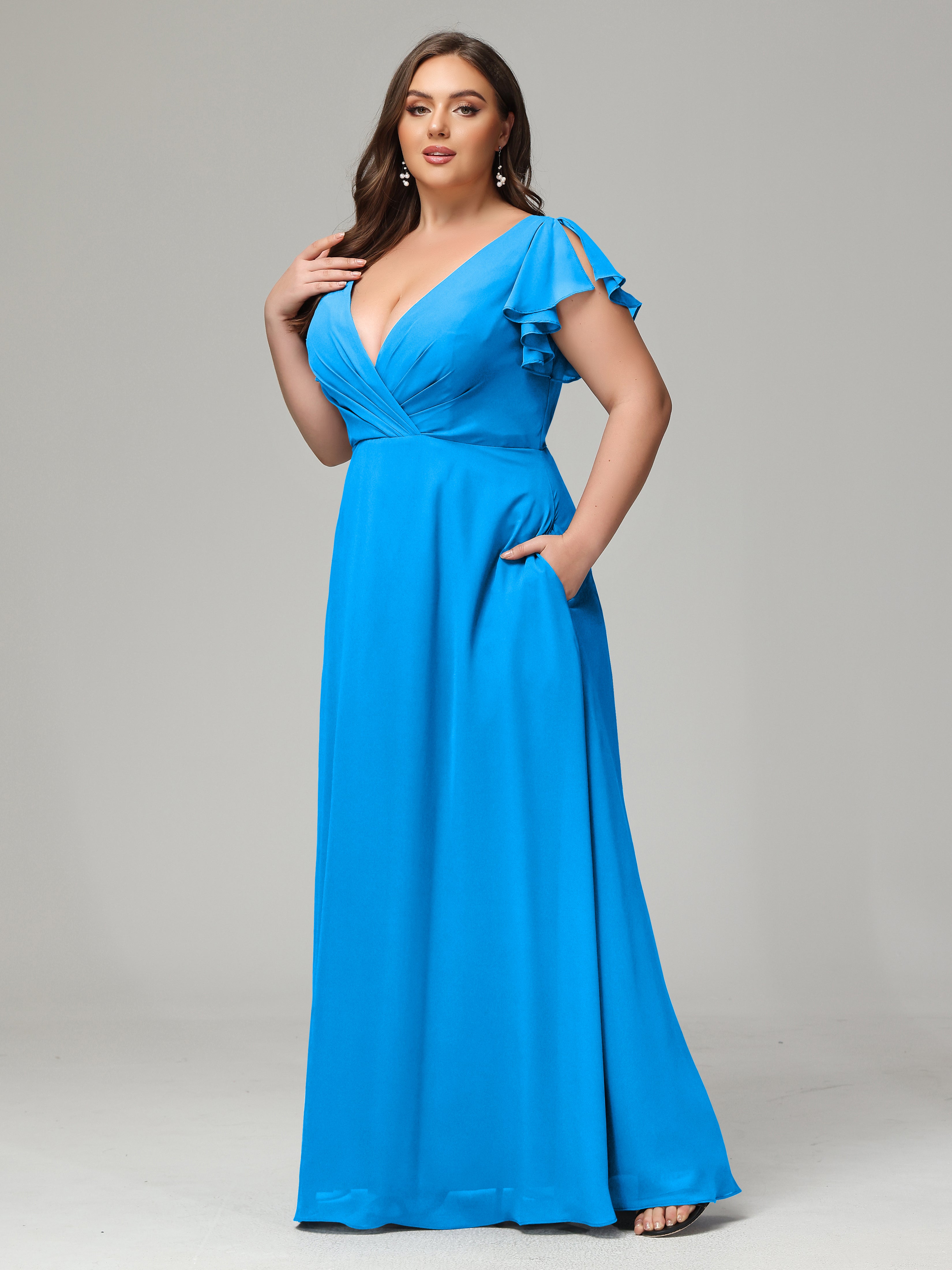 V Neck Chiffon Plus Size Long Bridesmaid Dresses with Sleeves