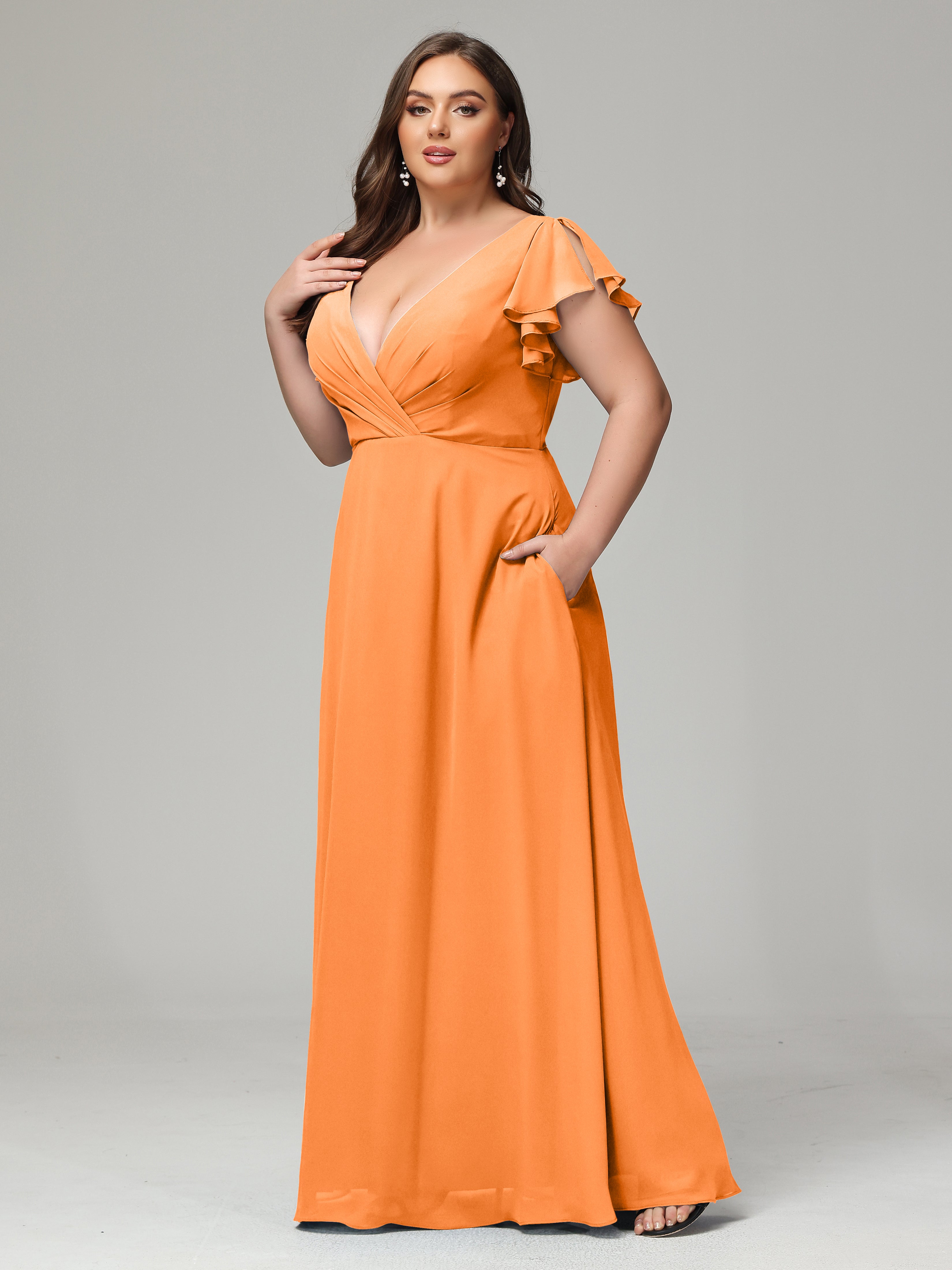 V Neck Chiffon Plus Size Long Bridesmaid Dresses with Sleeves