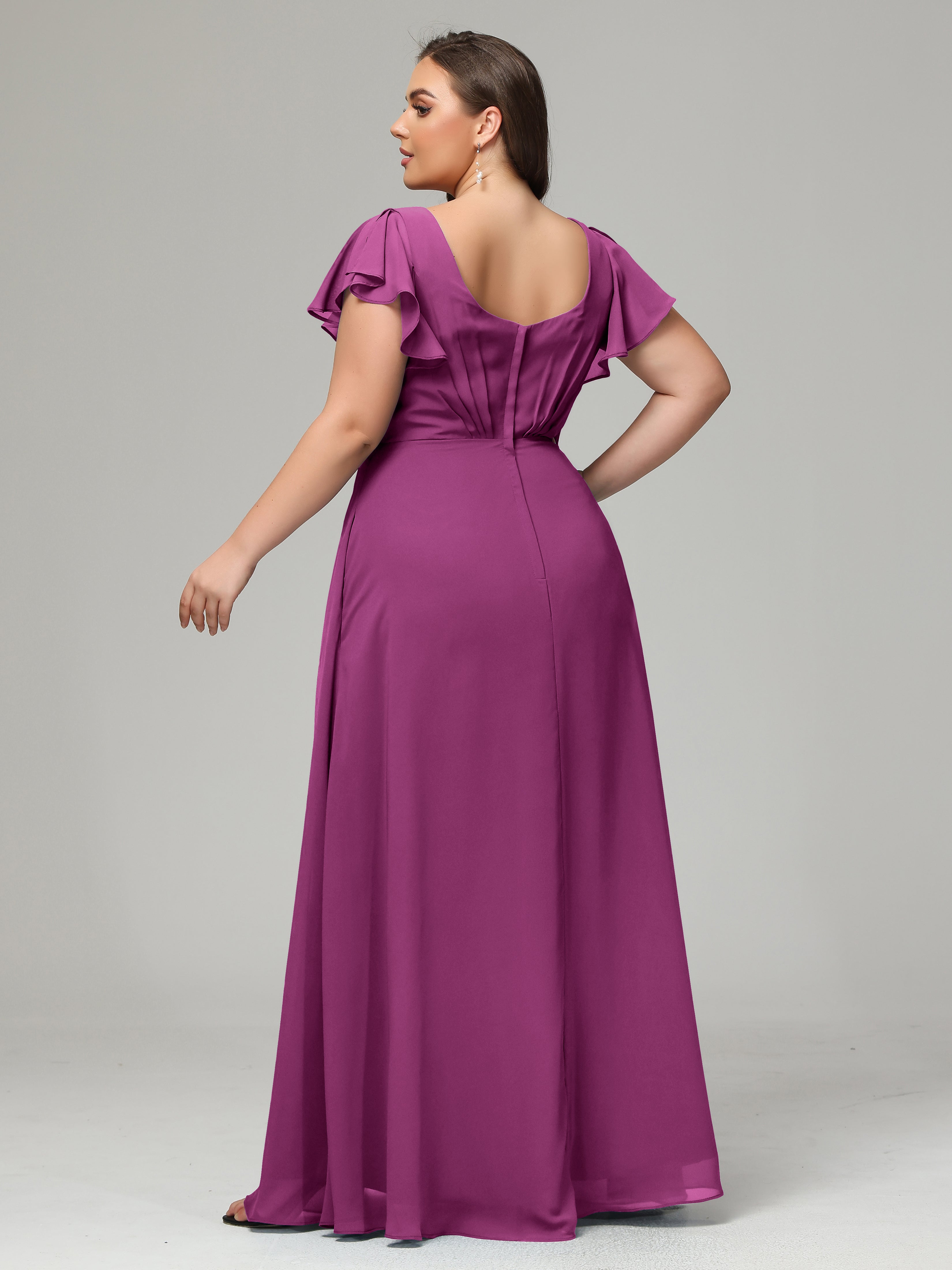 V Neck Chiffon Plus Size Long Bridesmaid Dresses with Sleeves