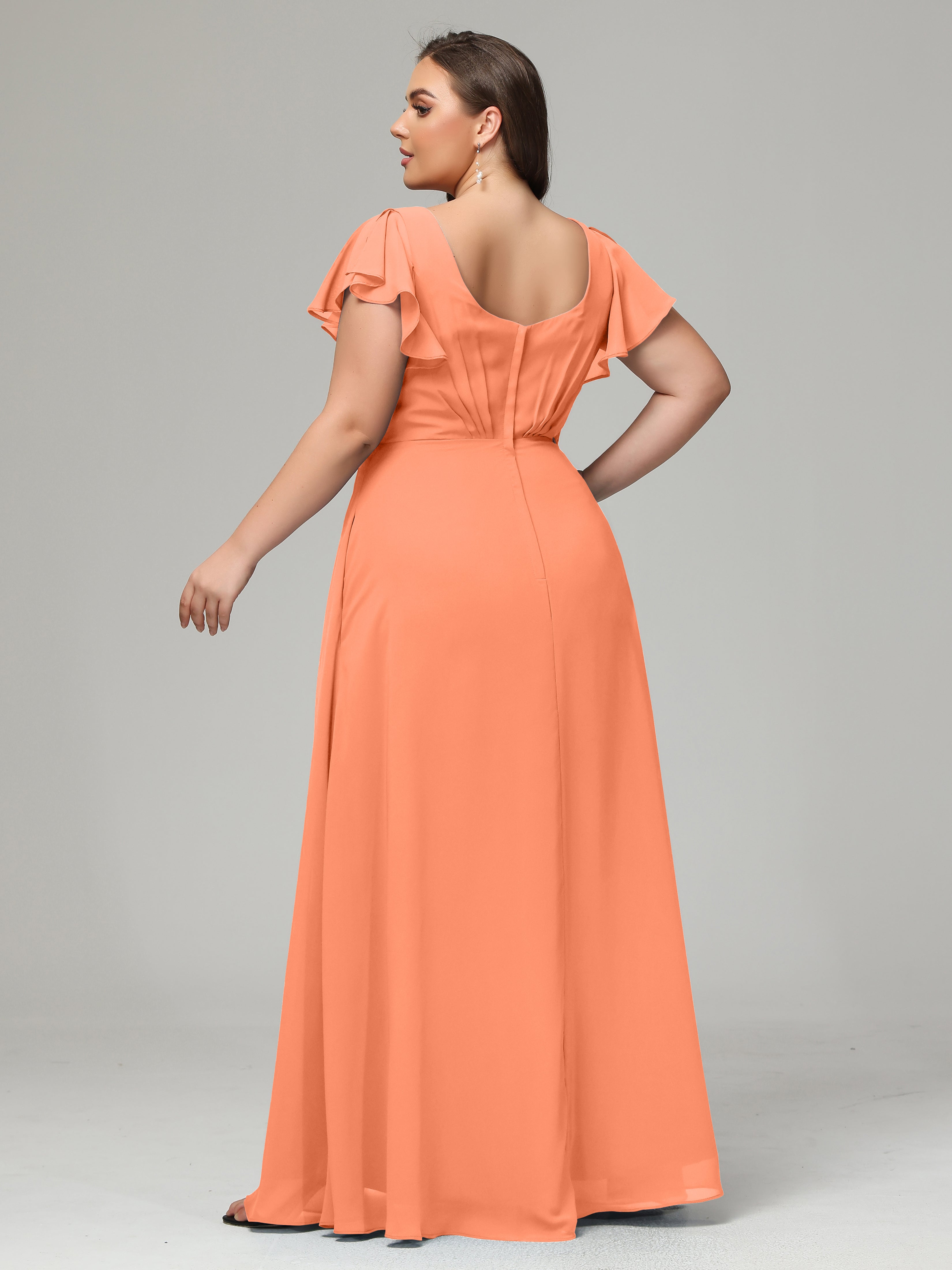 V Neck Chiffon Plus Size Long Bridesmaid Dresses with Sleeves