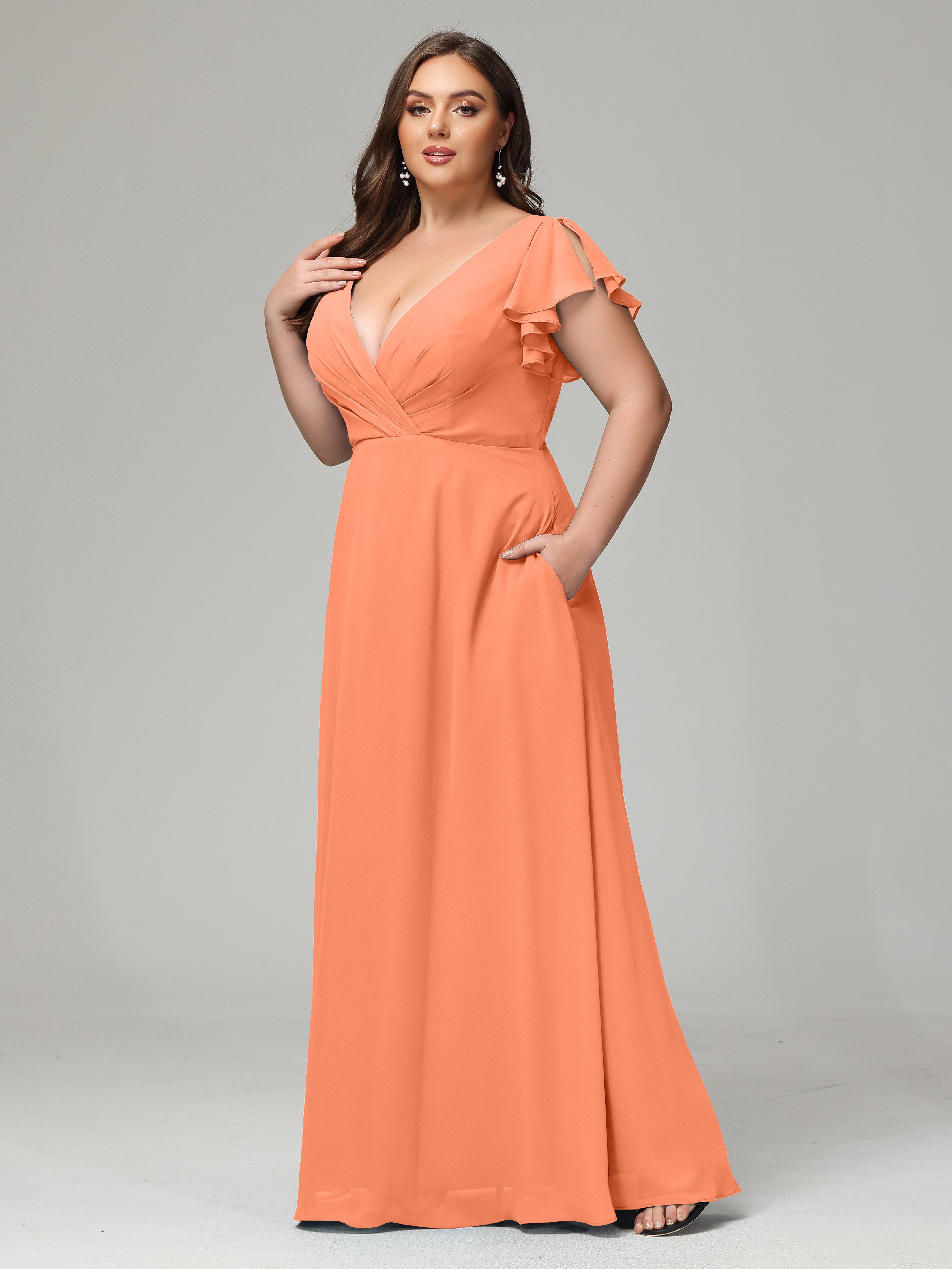 V Neck Chiffon Plus Size Long Bridesmaid Dresses with Sleeves