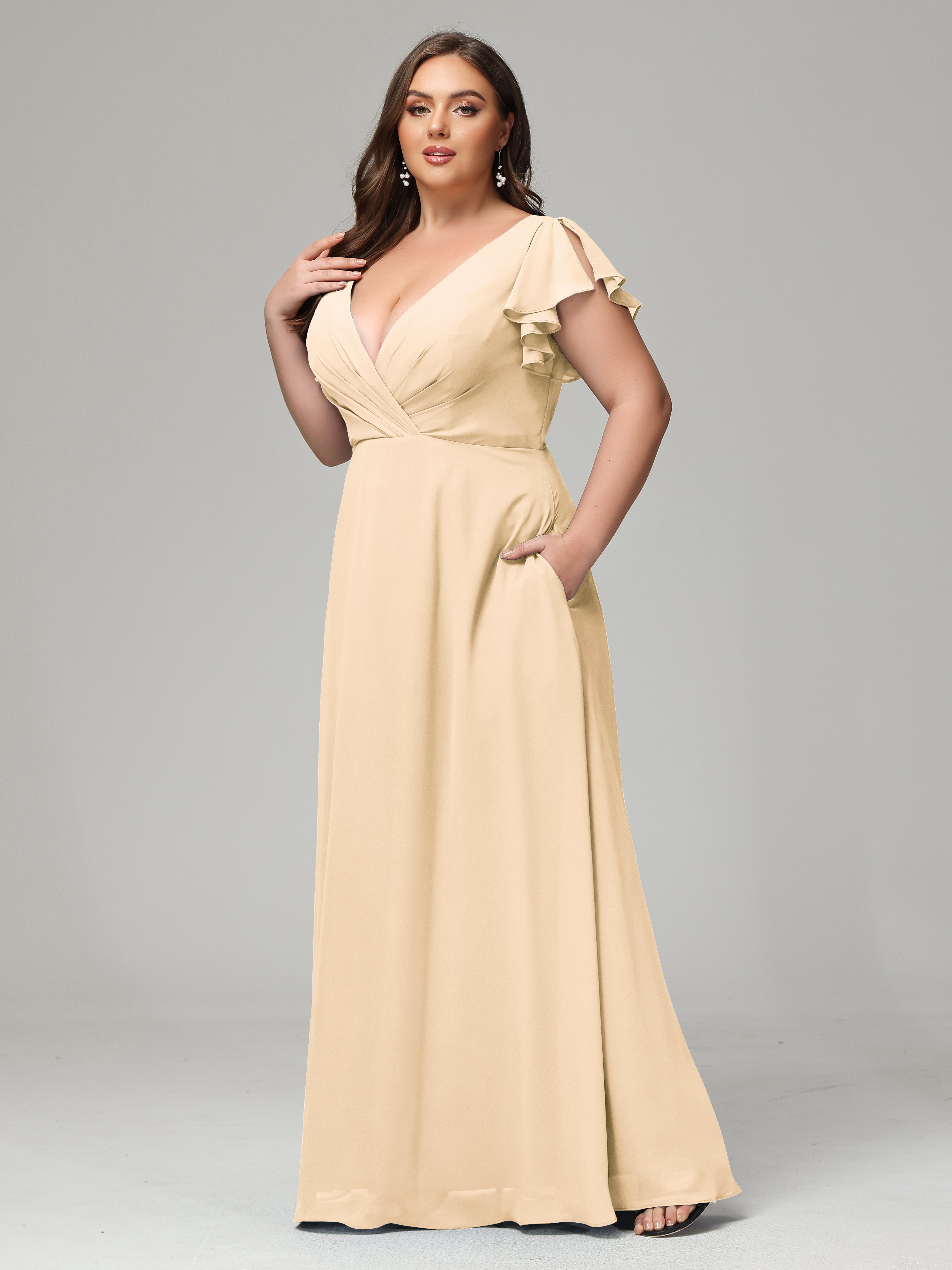 V Neck Chiffon Plus Size Long Bridesmaid Dresses with Sleeves