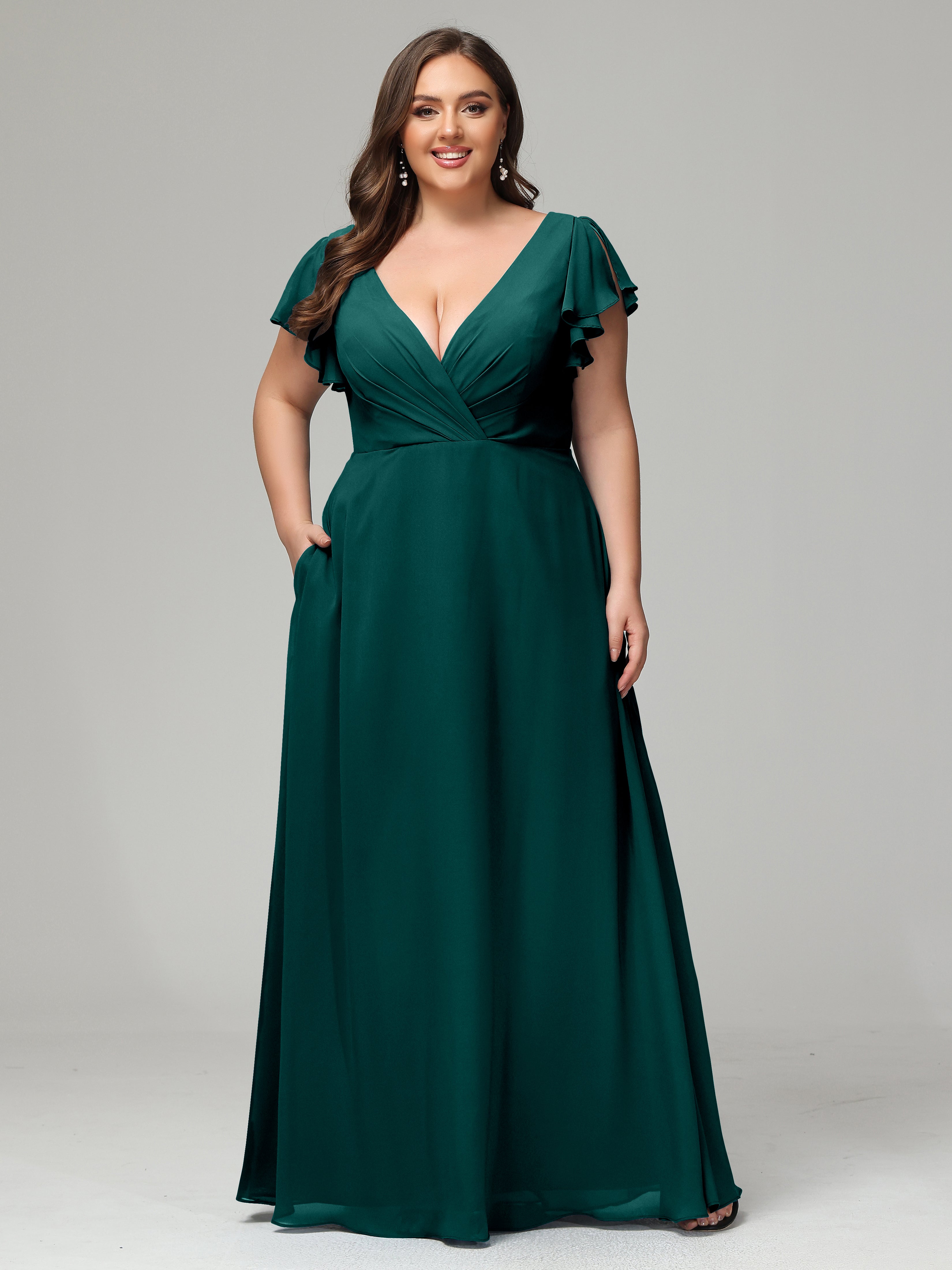 V Neck Chiffon Plus Size Long Bridesmaid Dresses with Sleeves Peacock