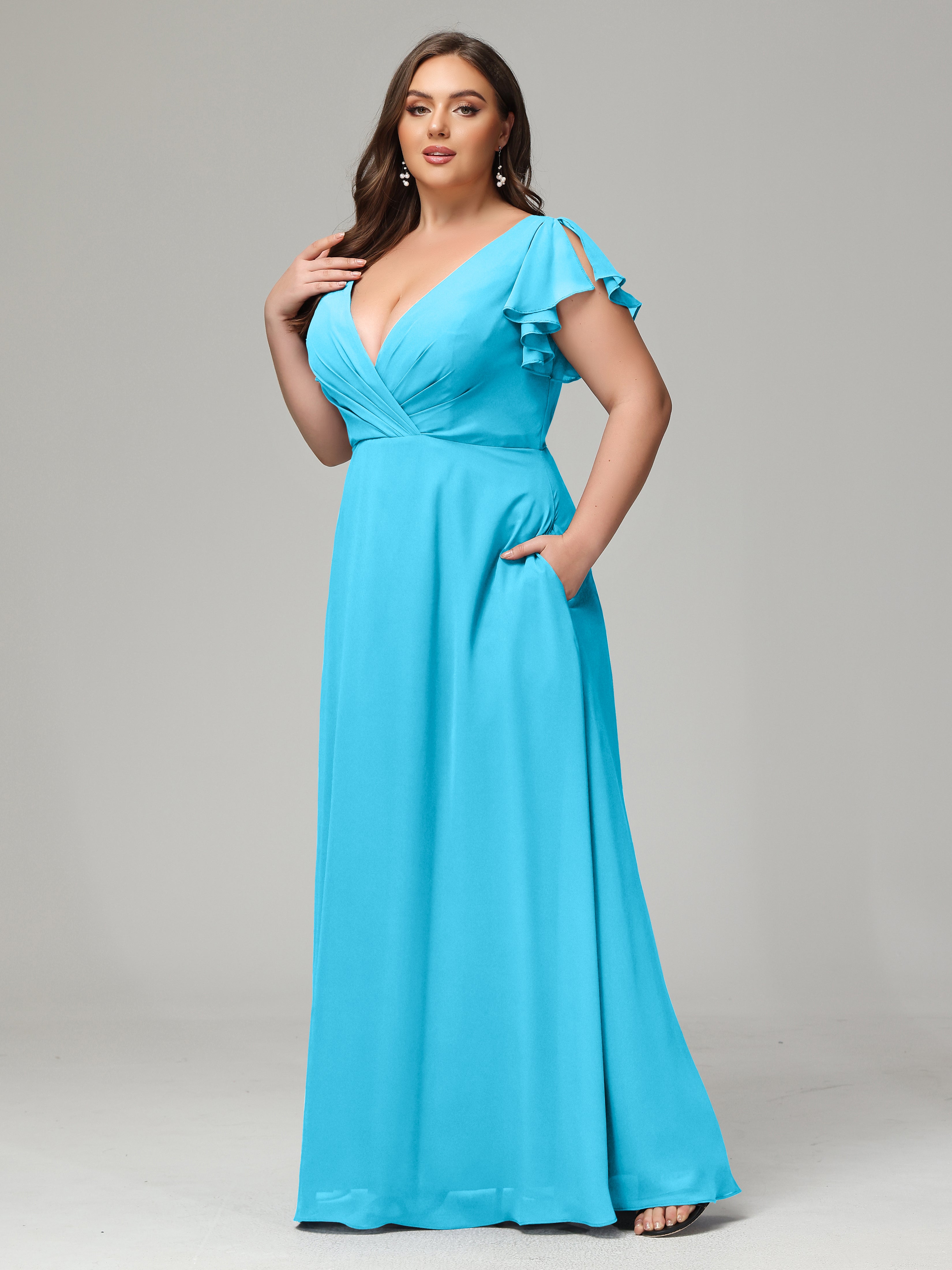 V Neck Chiffon Plus Size Long Bridesmaid Dresses with Sleeves