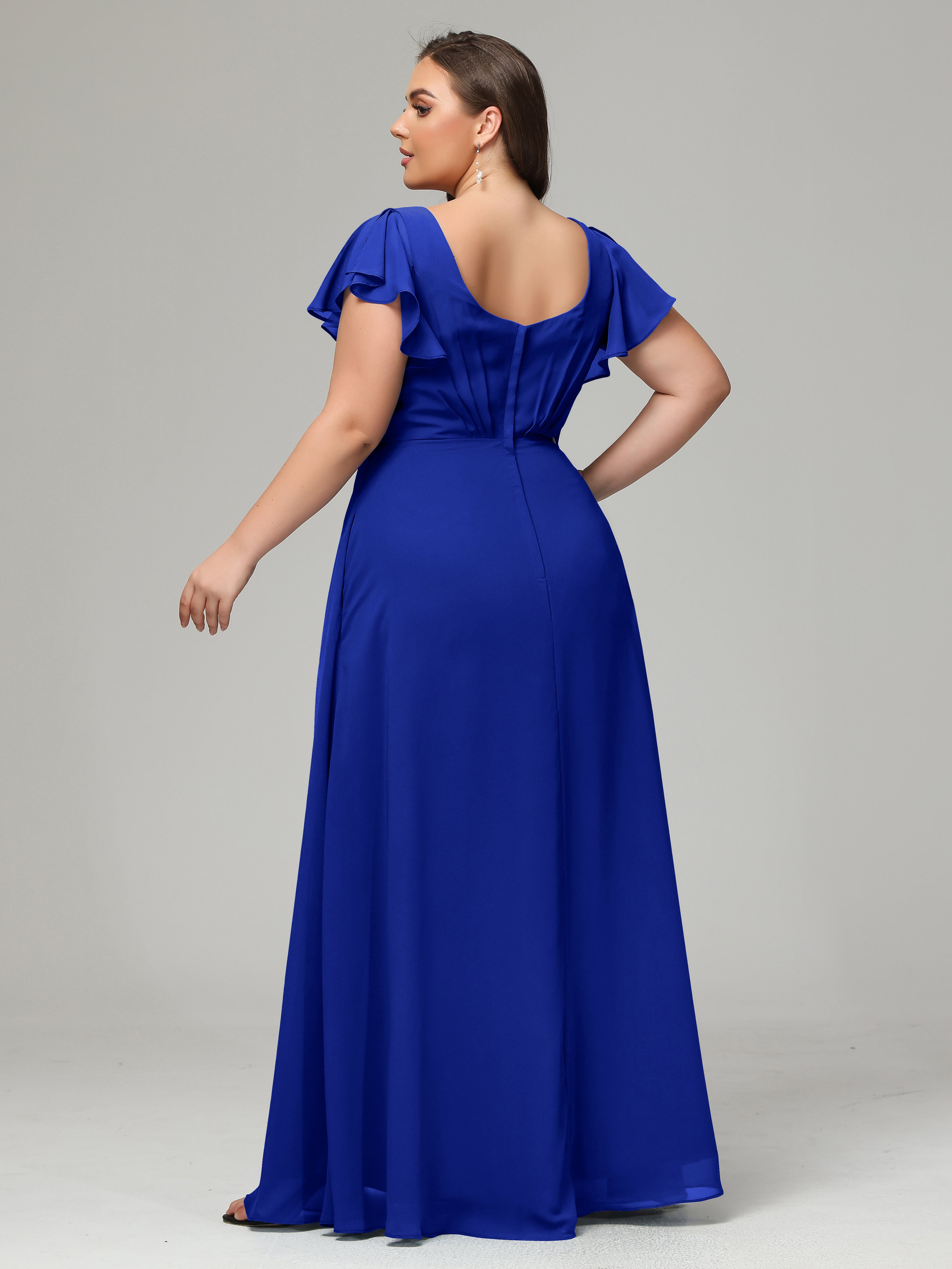 V Neck Chiffon Plus Size Long Bridesmaid Dresses with Sleeves