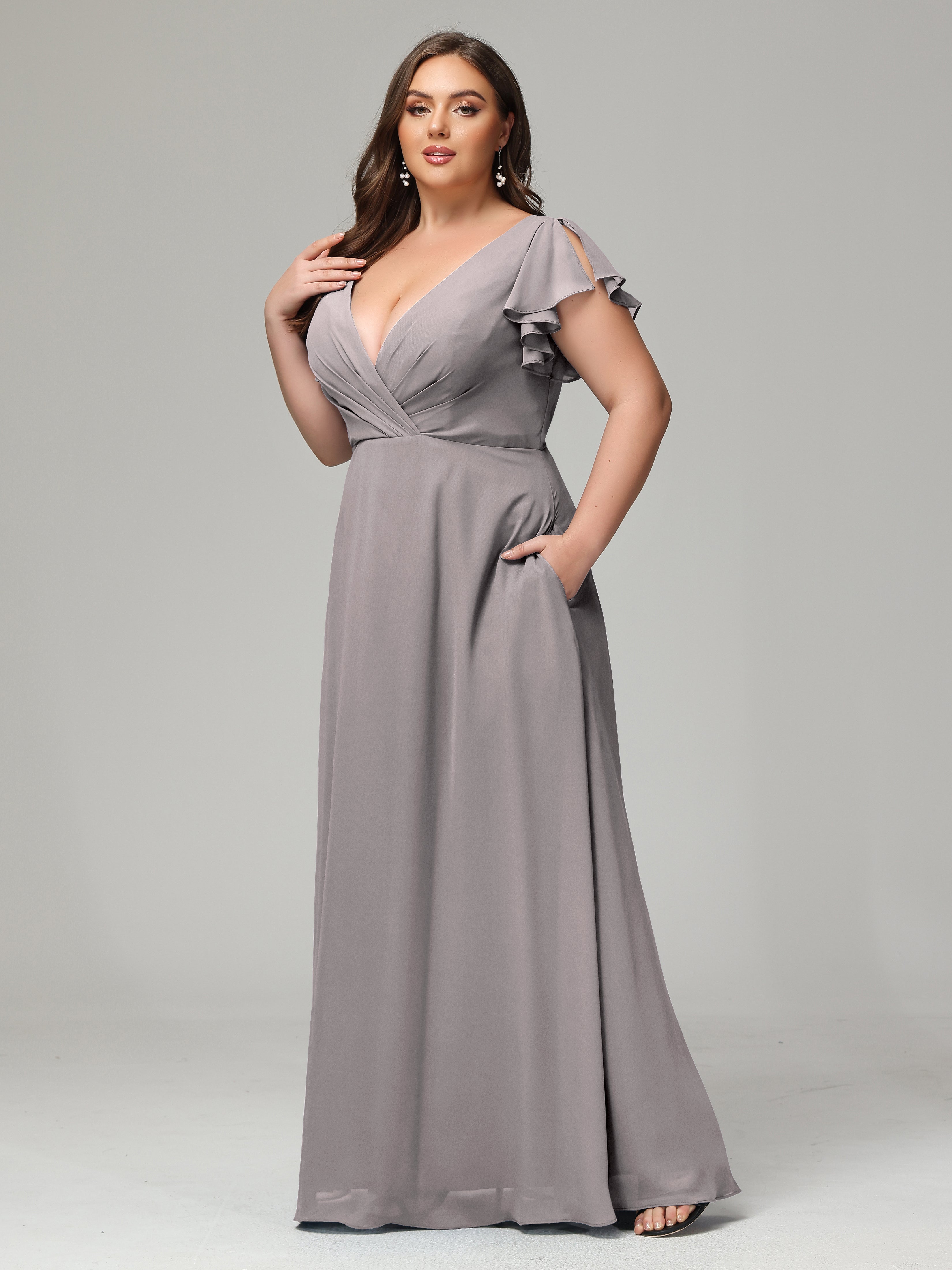 V Neck Chiffon Plus Size Long Bridesmaid Dresses with Sleeves