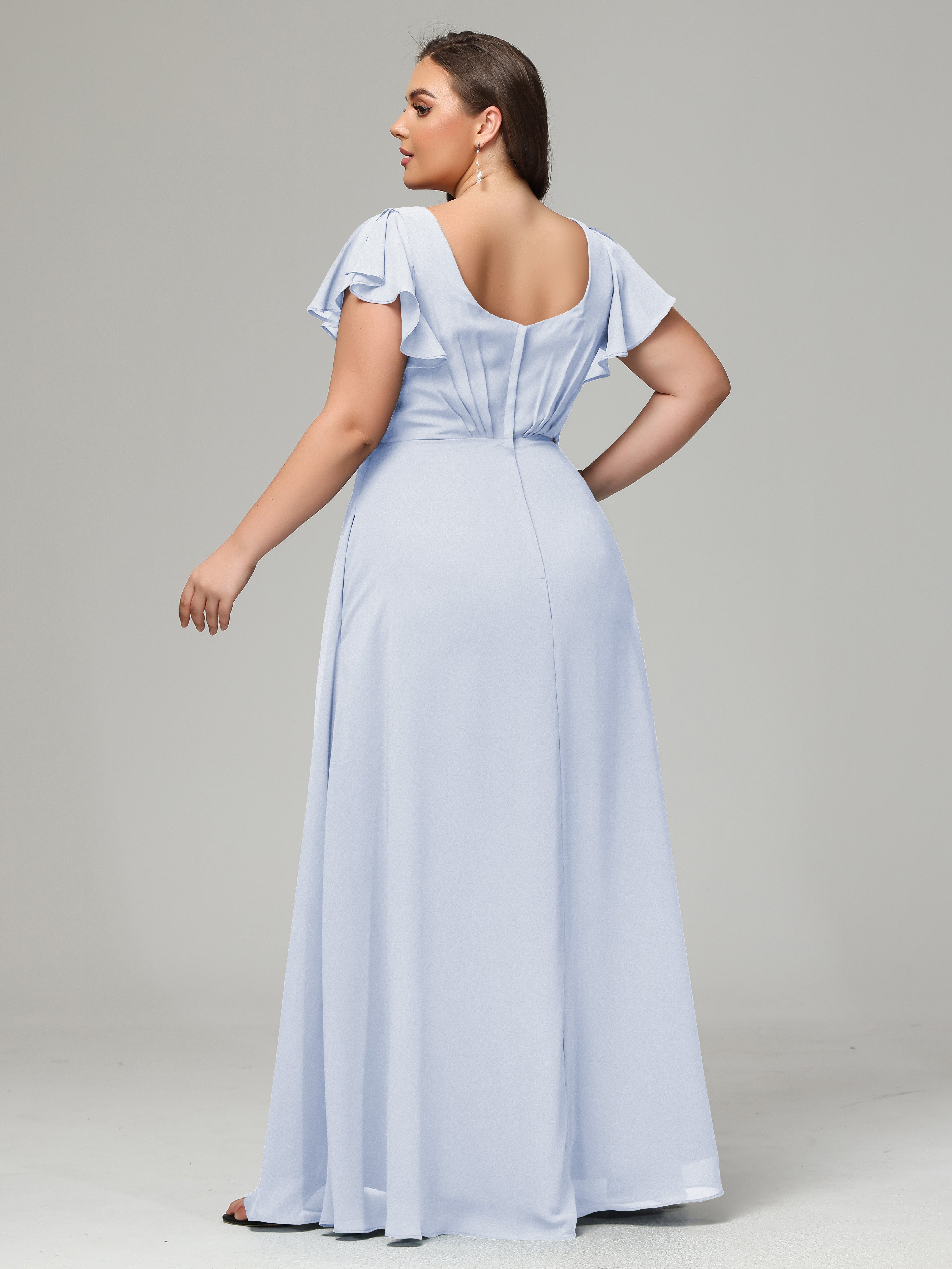 V Neck Chiffon Plus Size Long Bridesmaid Dresses with Sleeves