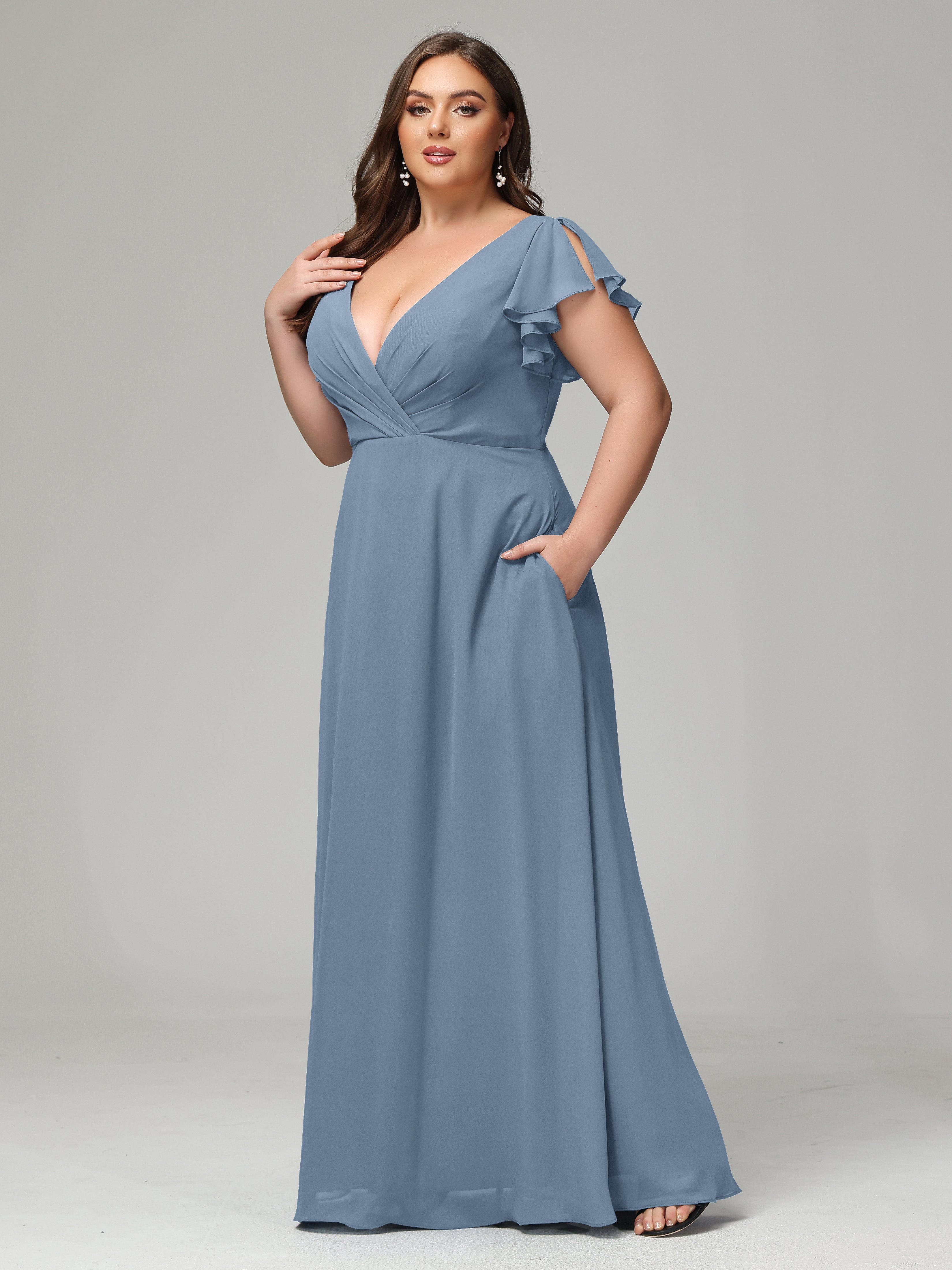 V Neck Chiffon Plus Size Long Bridesmaid Dresses with Sleeves