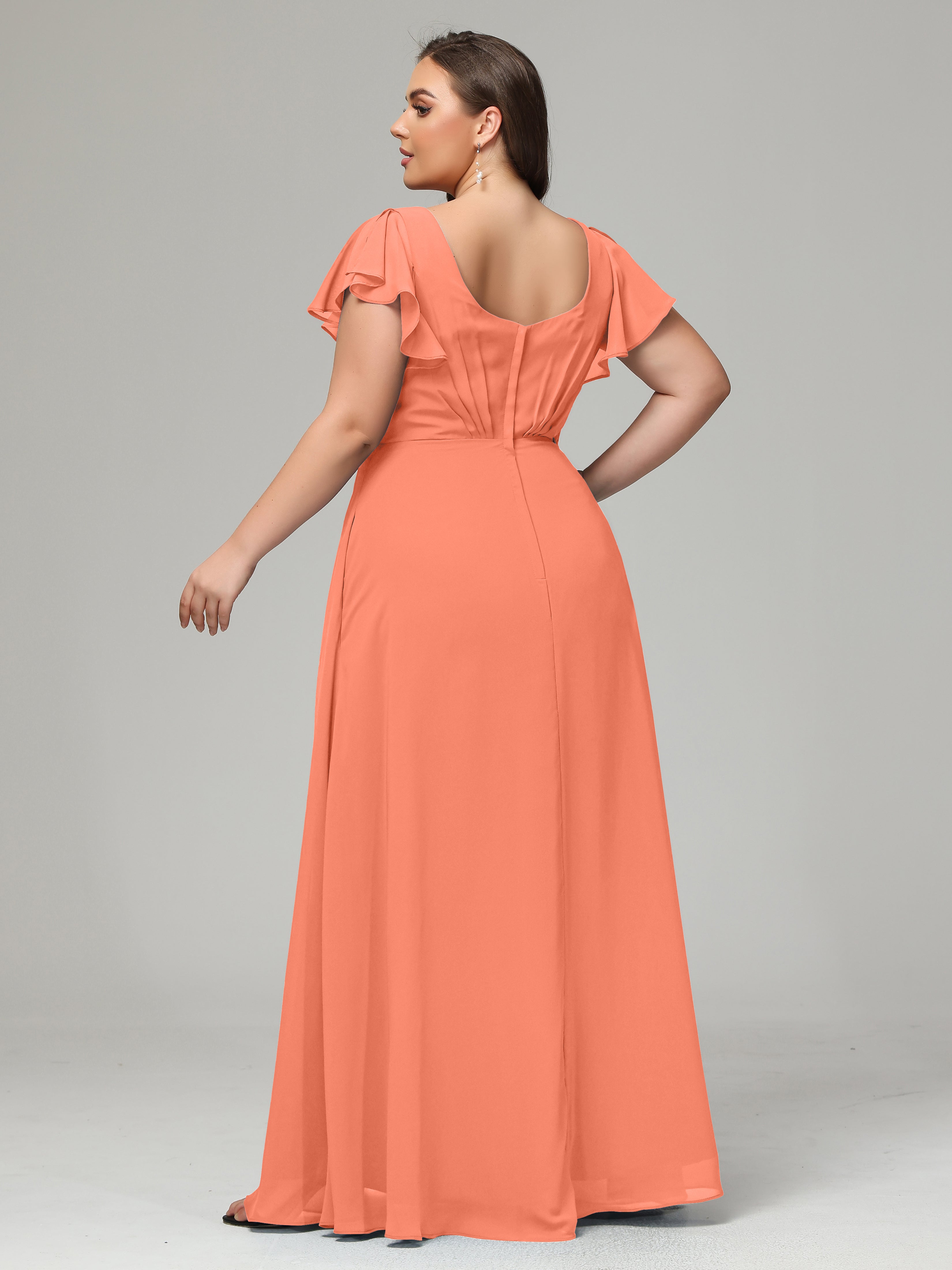 V Neck Chiffon Plus Size Long Bridesmaid Dresses with Sleeves