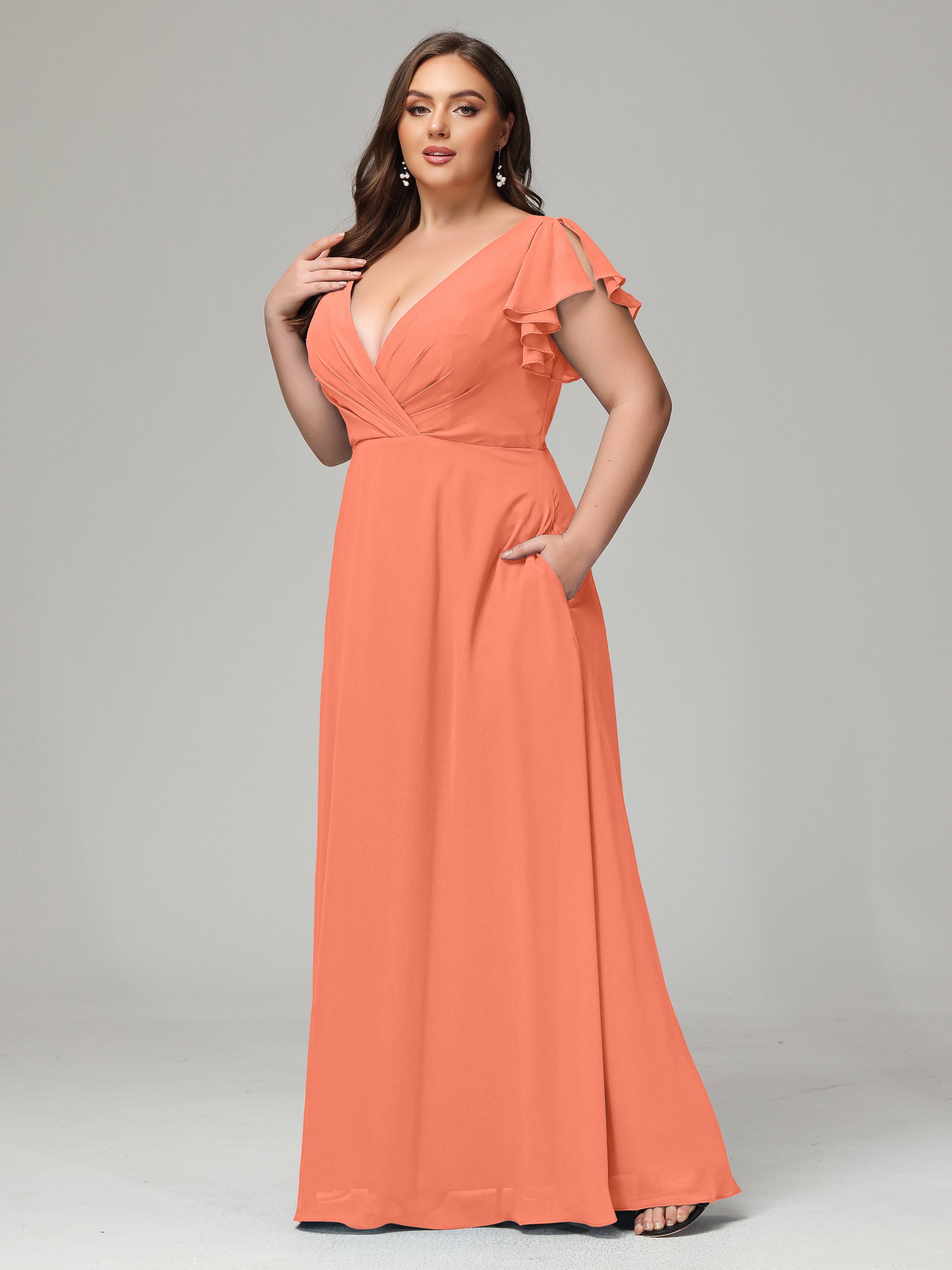 V Neck Chiffon Plus Size Long Bridesmaid Dresses with Sleeves