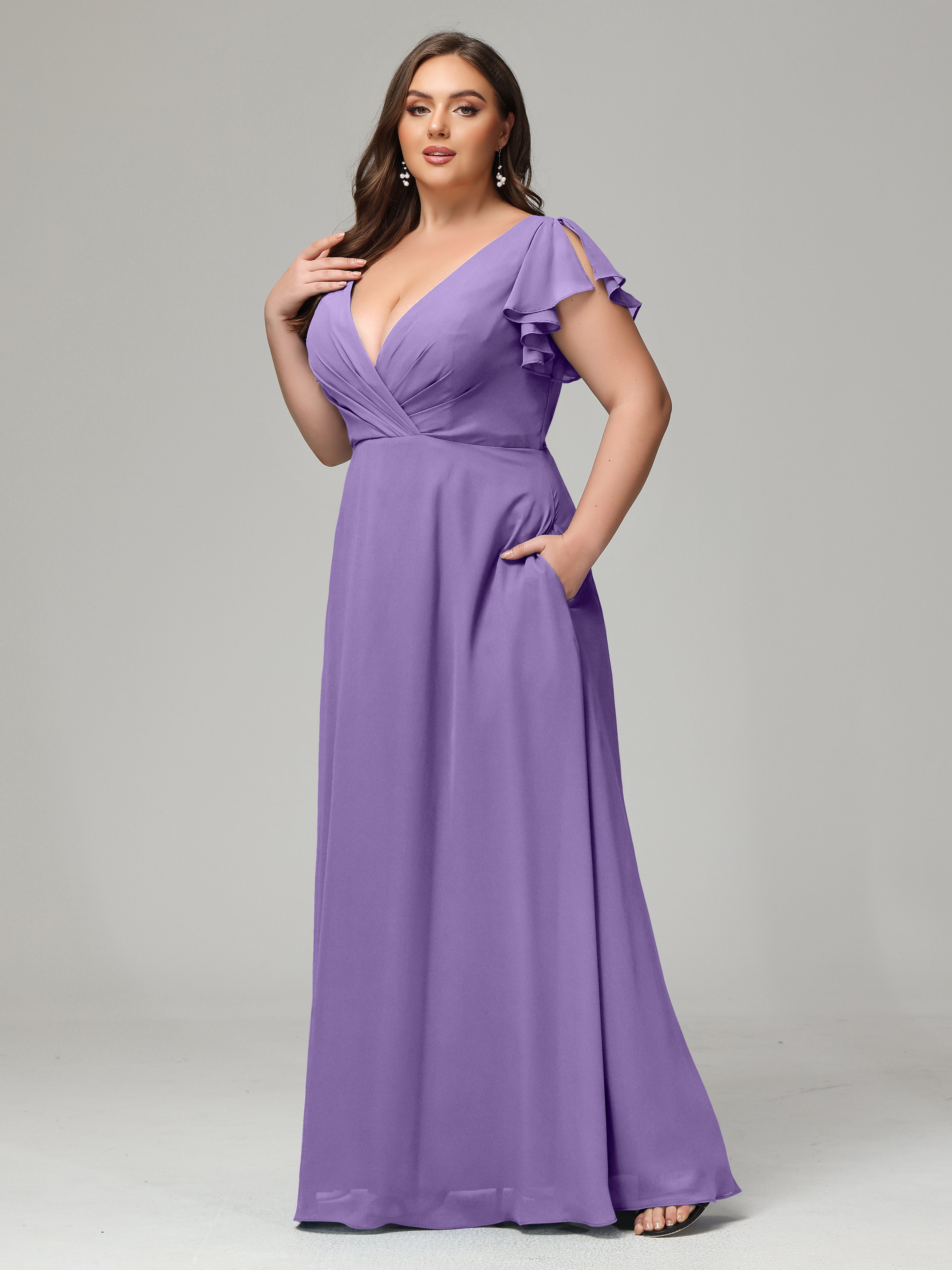 V Neck Chiffon Plus Size Long Bridesmaid Dresses with Sleeves