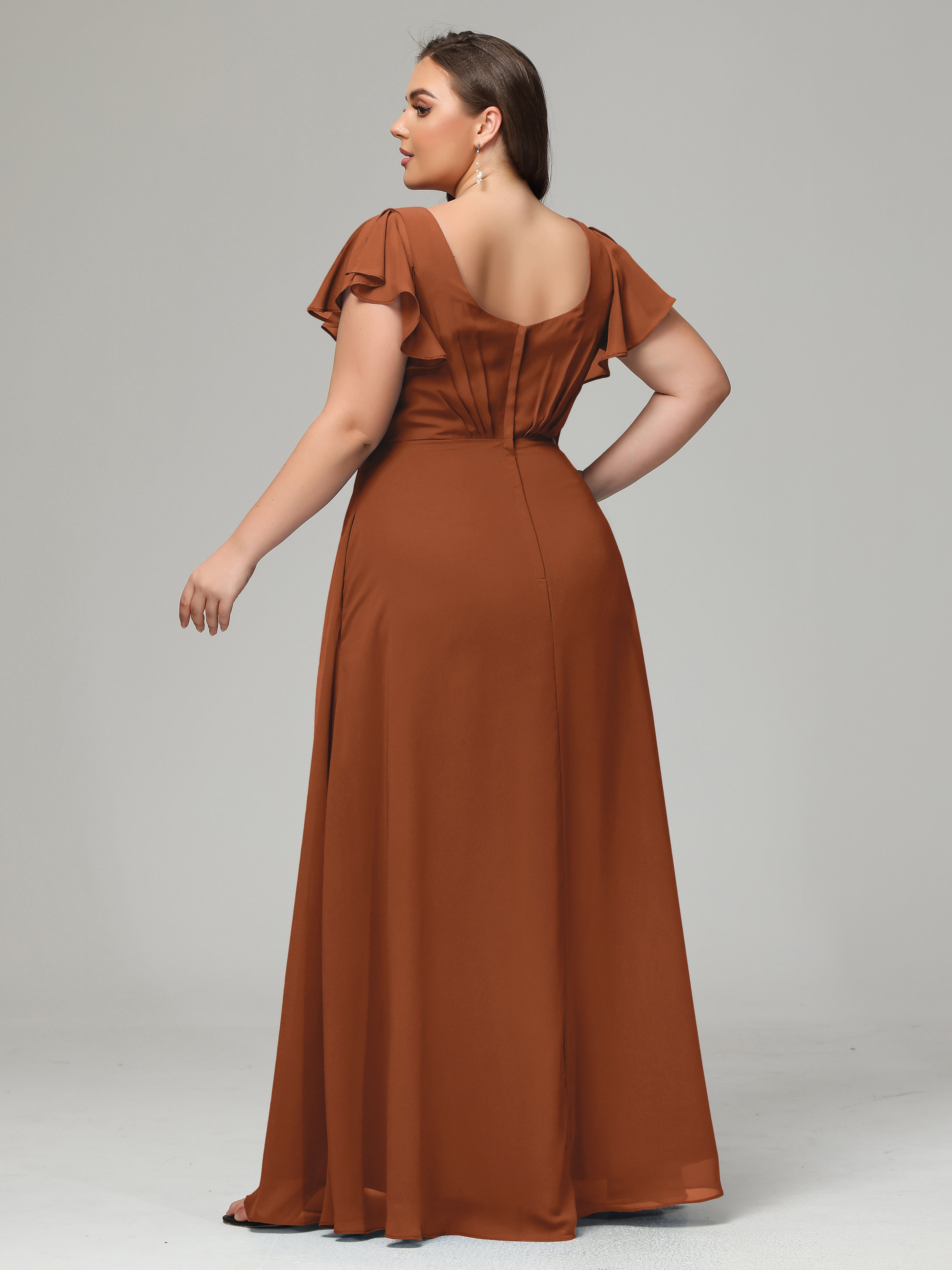 V Neck Chiffon Plus Size Long Bridesmaid Dresses with Sleeves