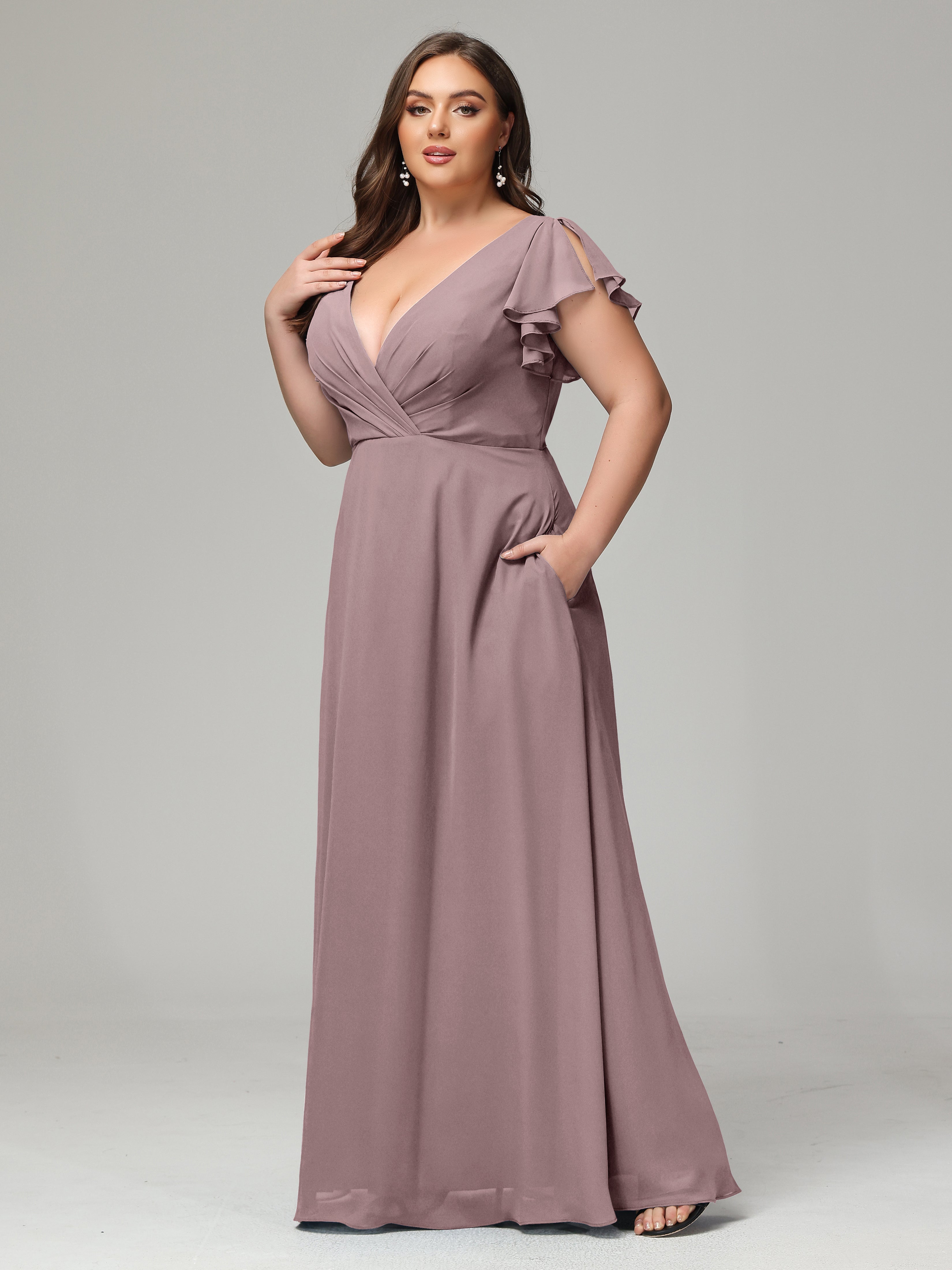 V Neck Chiffon Plus Size Long Bridesmaid Dresses with Sleeves