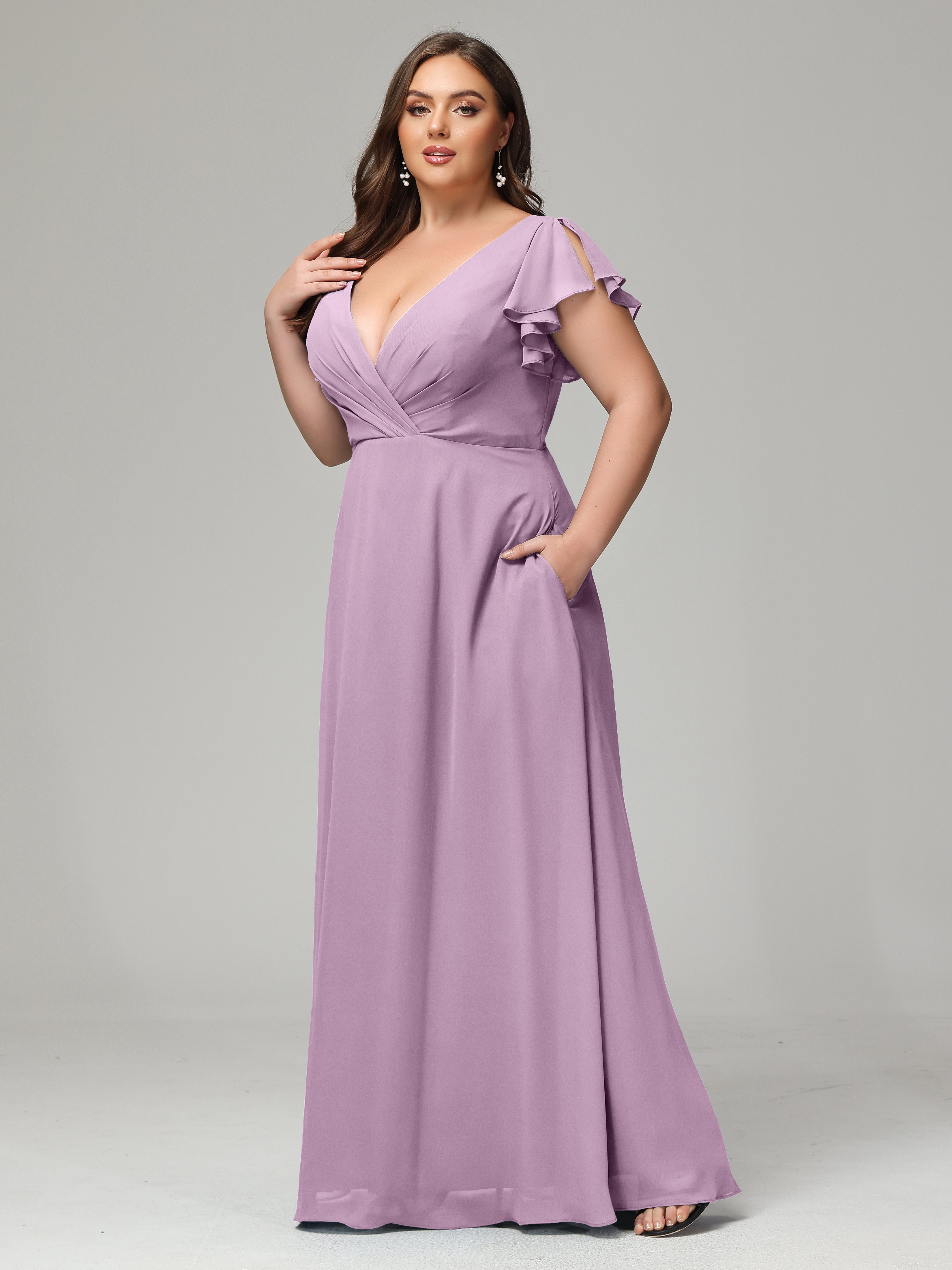 V Neck Chiffon Plus Size Long Bridesmaid Dresses with Sleeves