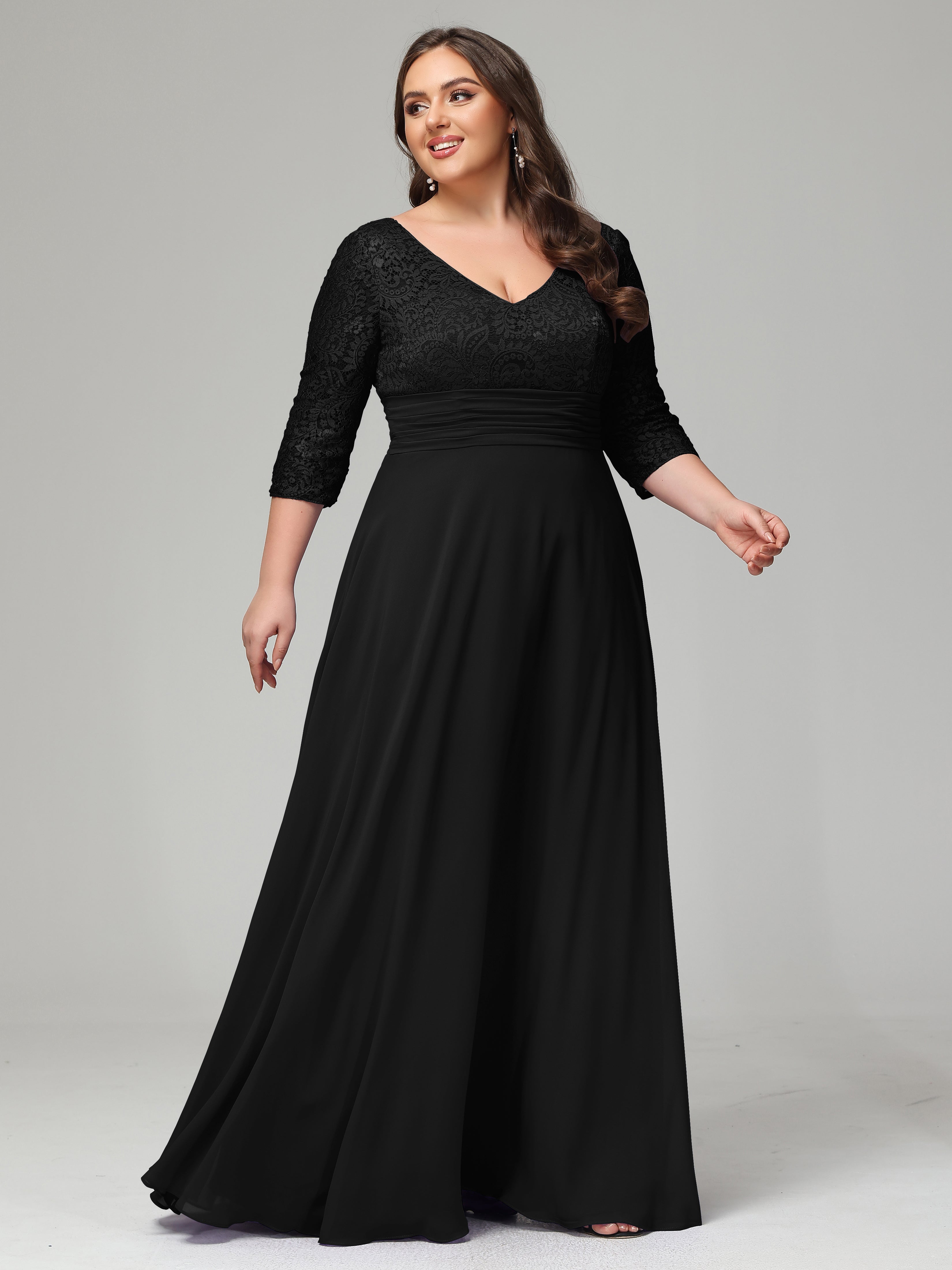 V Neck Long Sleeves Lace Plus Size Bridesmaid Dresses