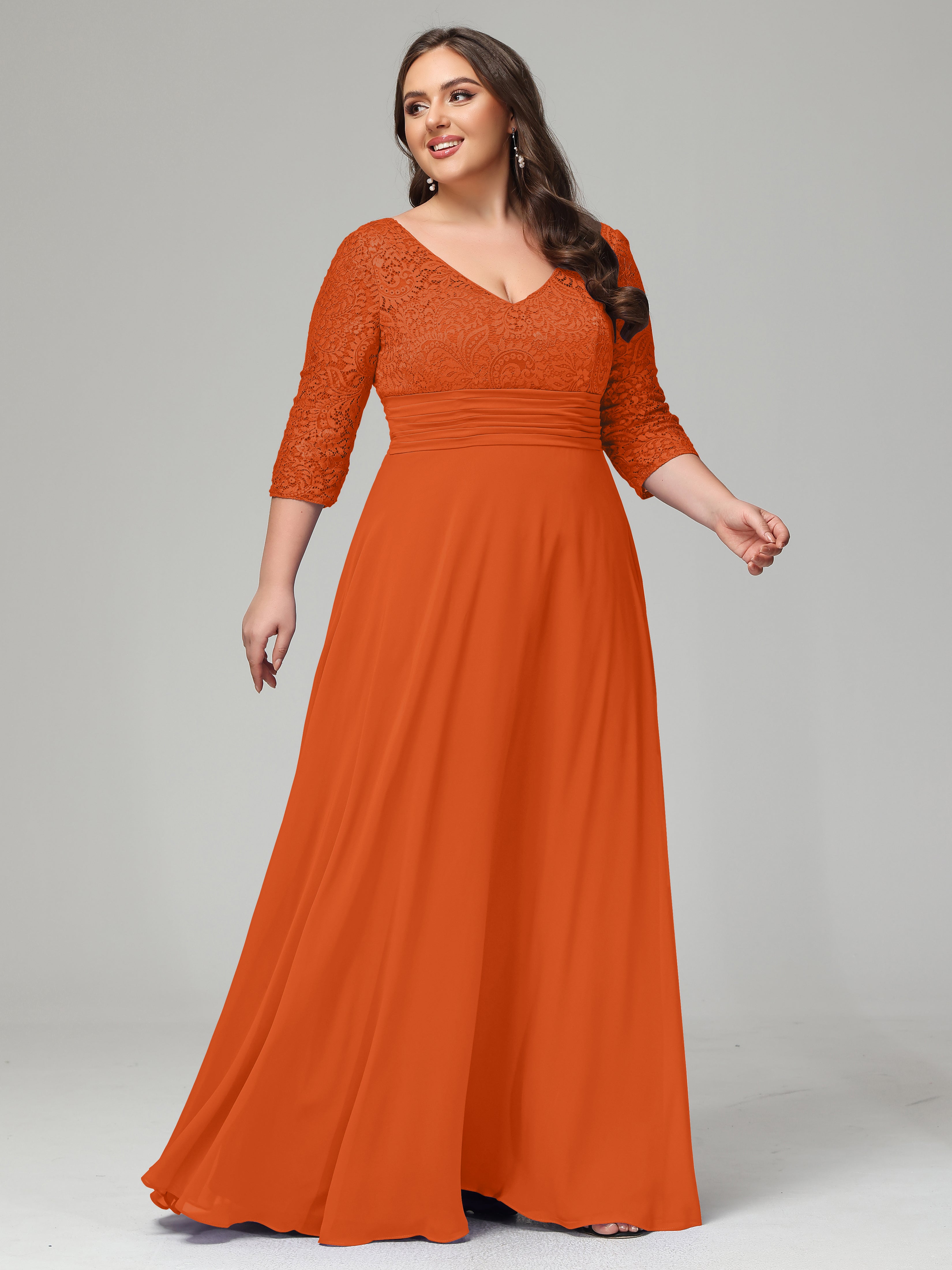 V-Neck Long Sleeves Lace Plus Size Bridesmaid Dresses