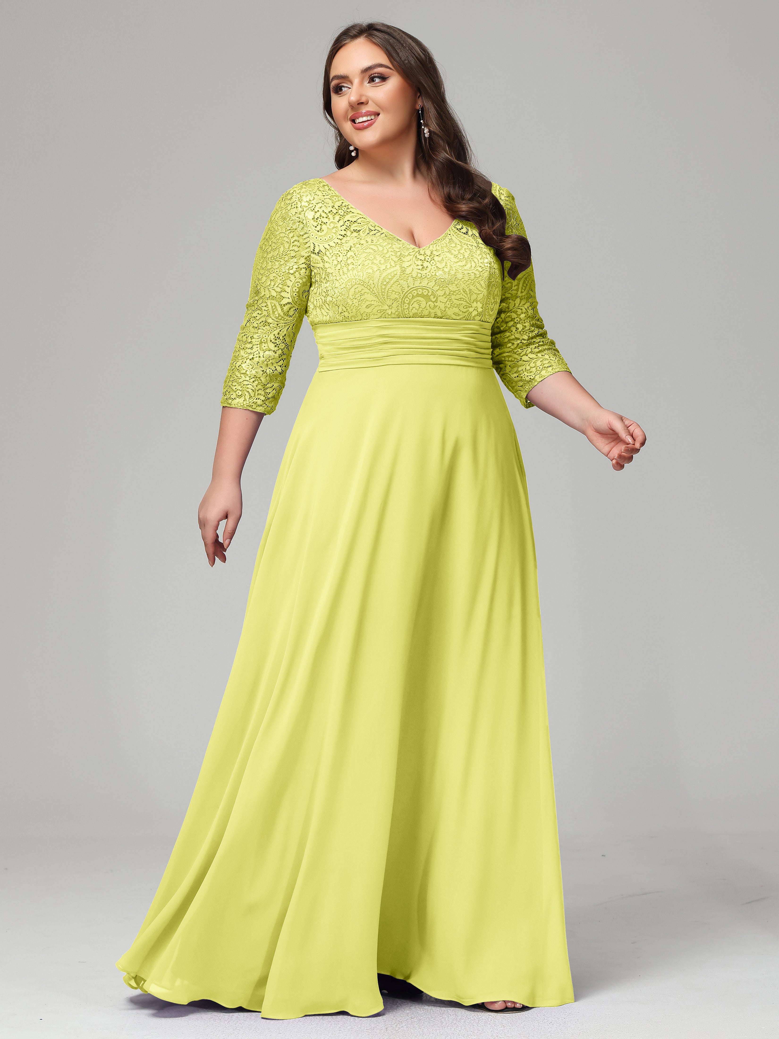 V-Neck Long Sleeves Lace Plus Size Bridesmaid Dresses