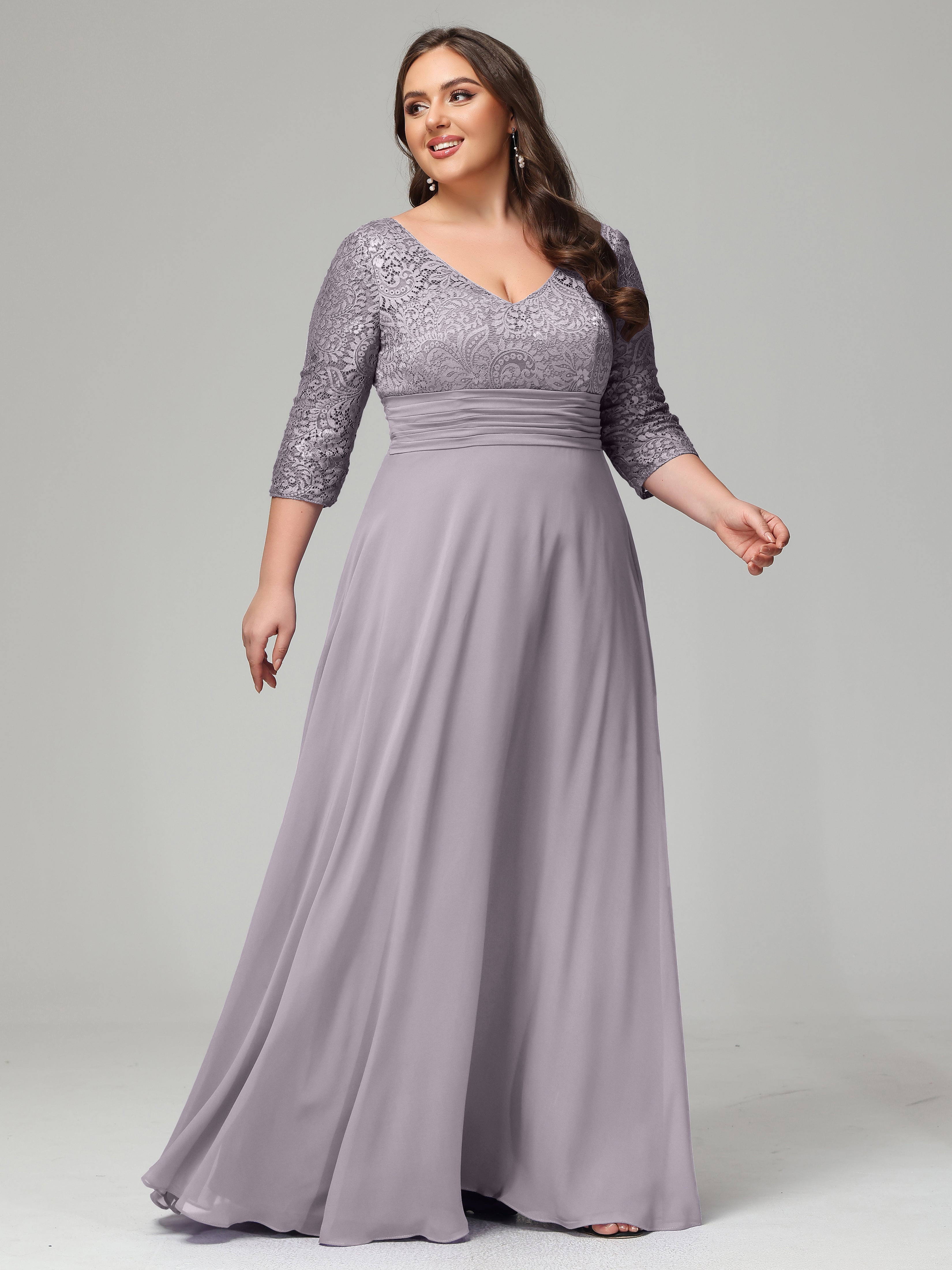 V-Neck Long Sleeves Lace Plus Size Bridesmaid Dresses