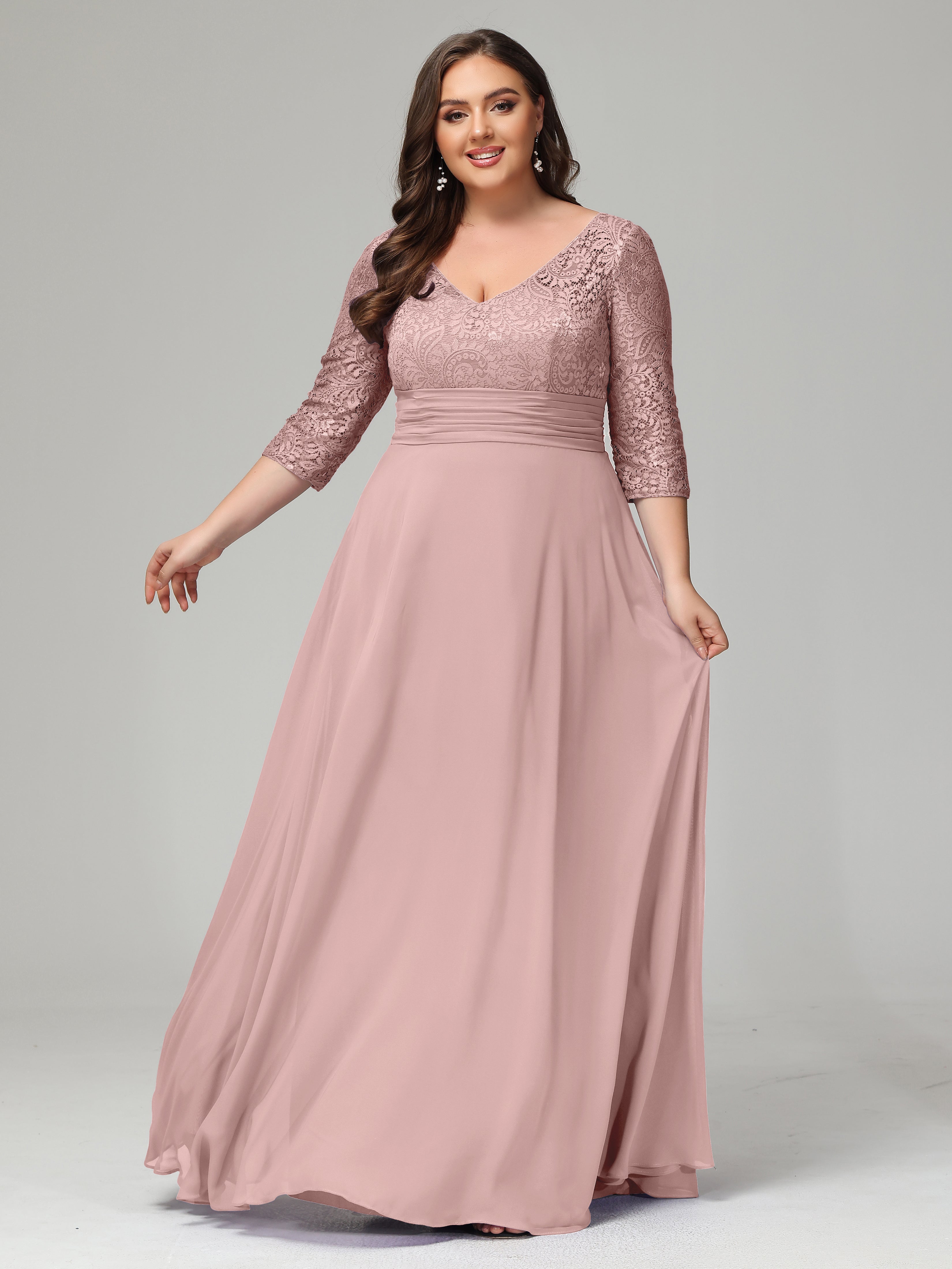 V-Neck Long Sleeves Lace Plus Size Bridesmaid Dresses