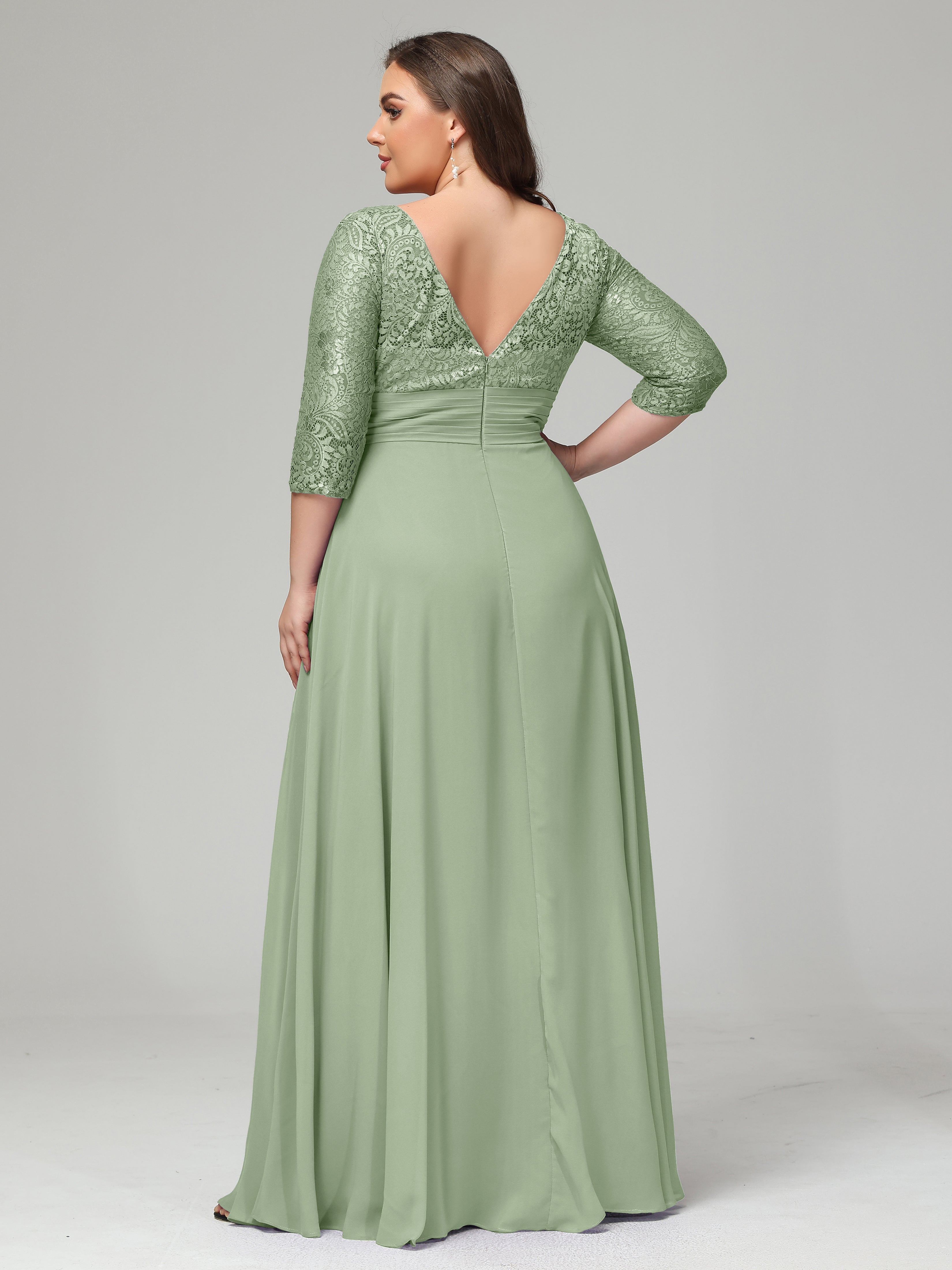 V-Neck Long Sleeves Lace Plus Size Bridesmaid Dresses