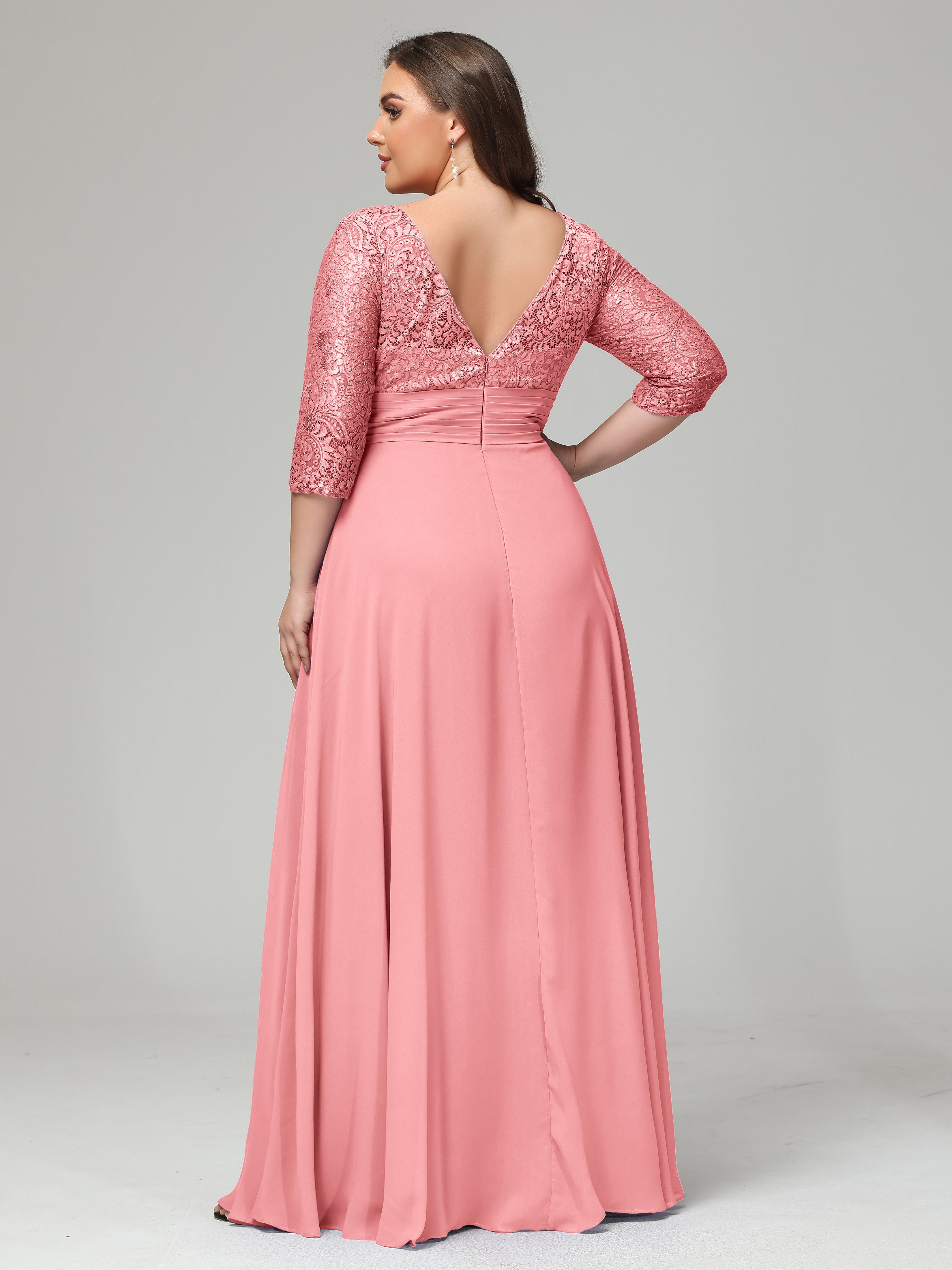 V-Neck Long Sleeves Lace Plus Size Bridesmaid Dresses