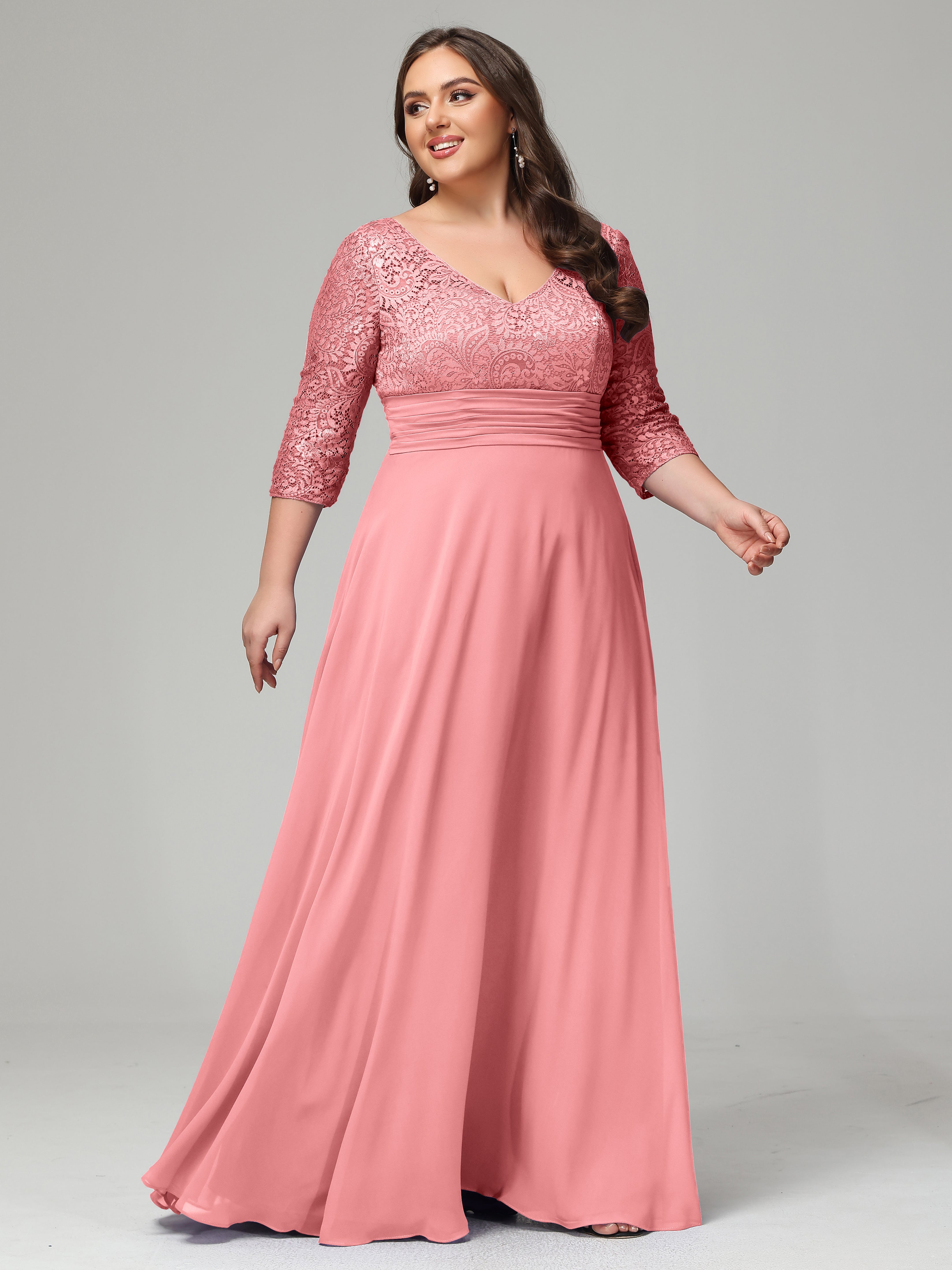 V-Neck Long Sleeves Lace Plus Size Bridesmaid Dresses