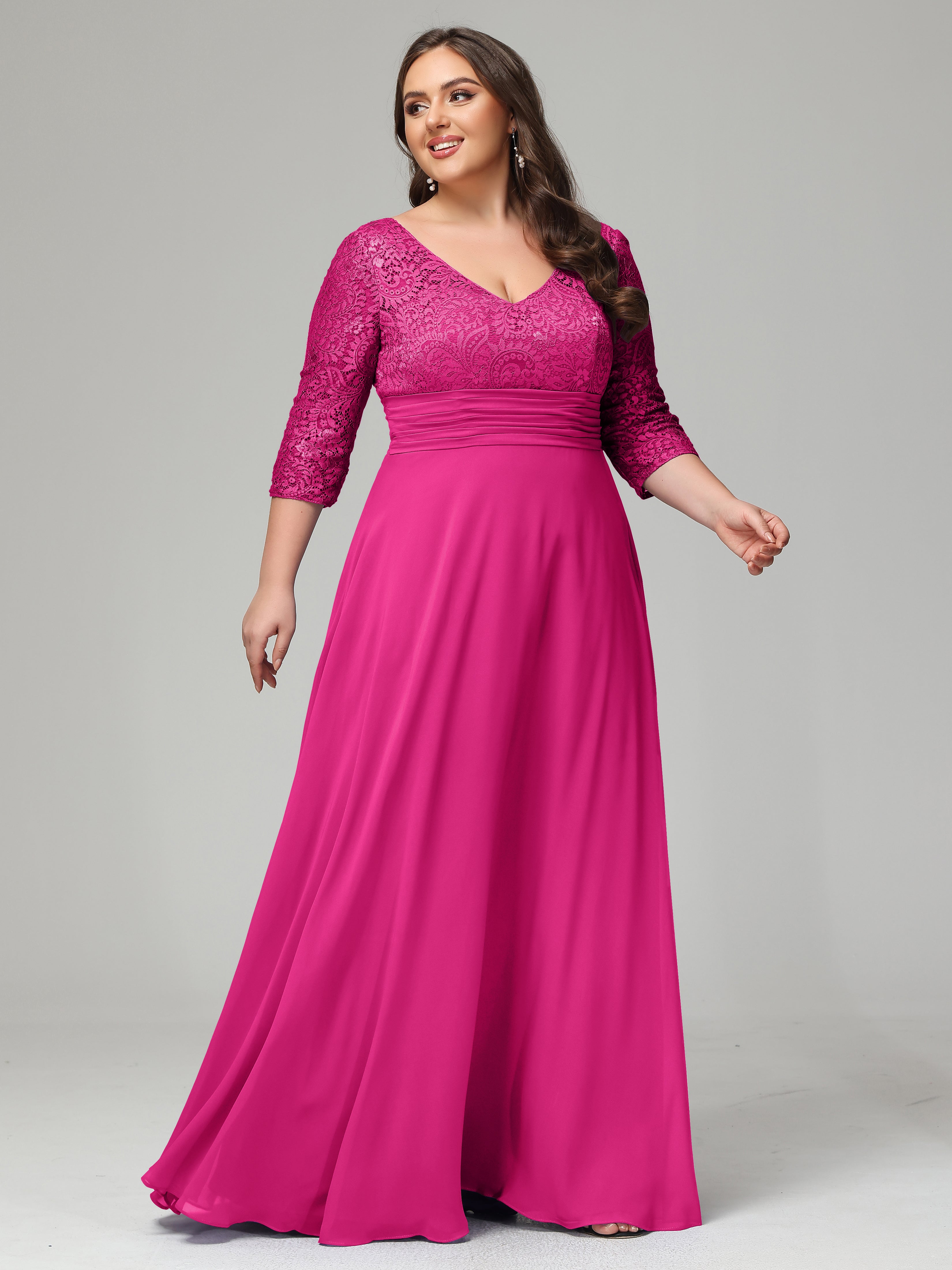 V-Neck Long Sleeves Lace Plus Size Bridesmaid Dresses