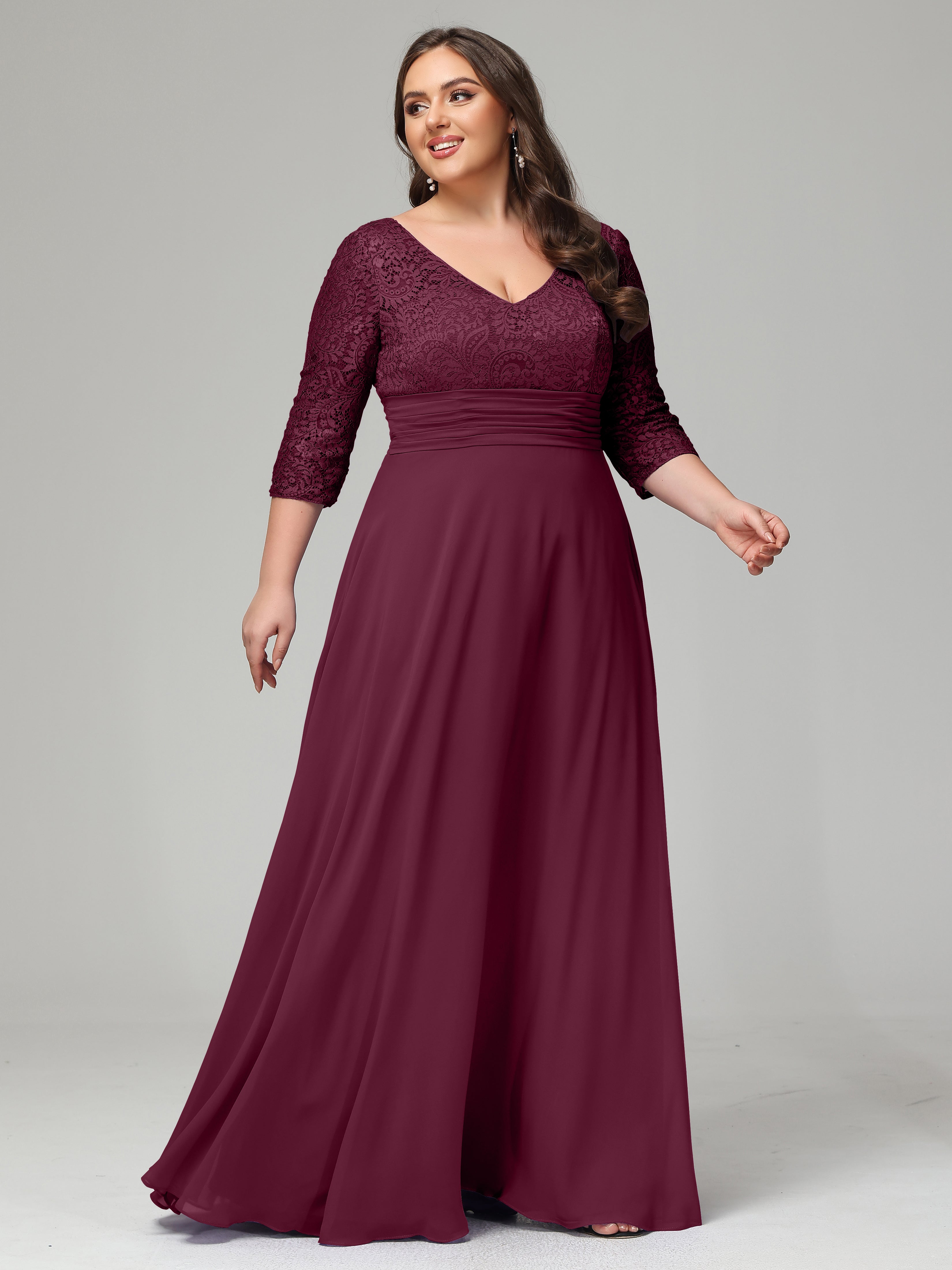 V-Neck Long Sleeves Lace Plus Size Bridesmaid Dresses