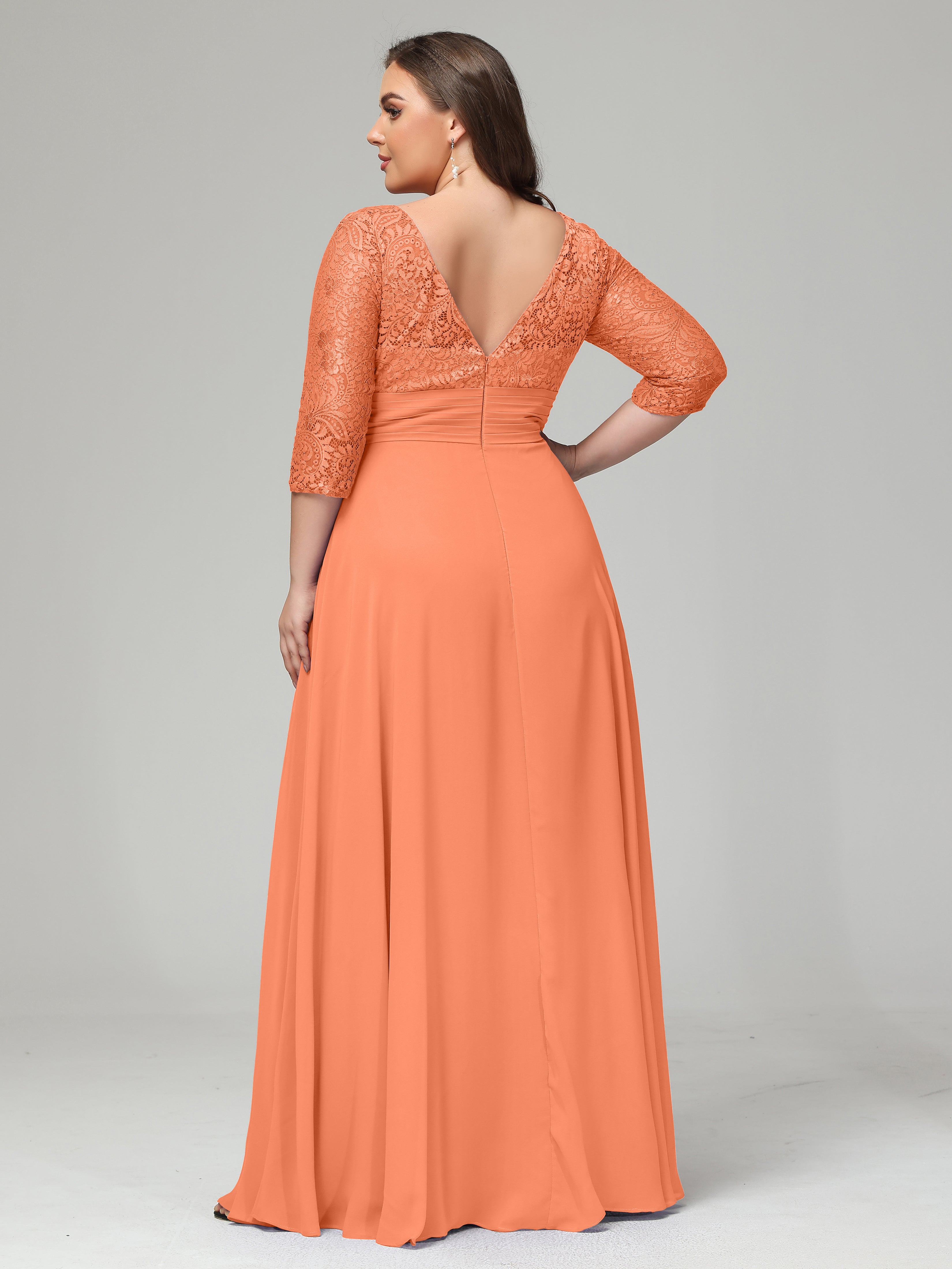 V-Neck Long Sleeves Lace Plus Size Bridesmaid Dresses