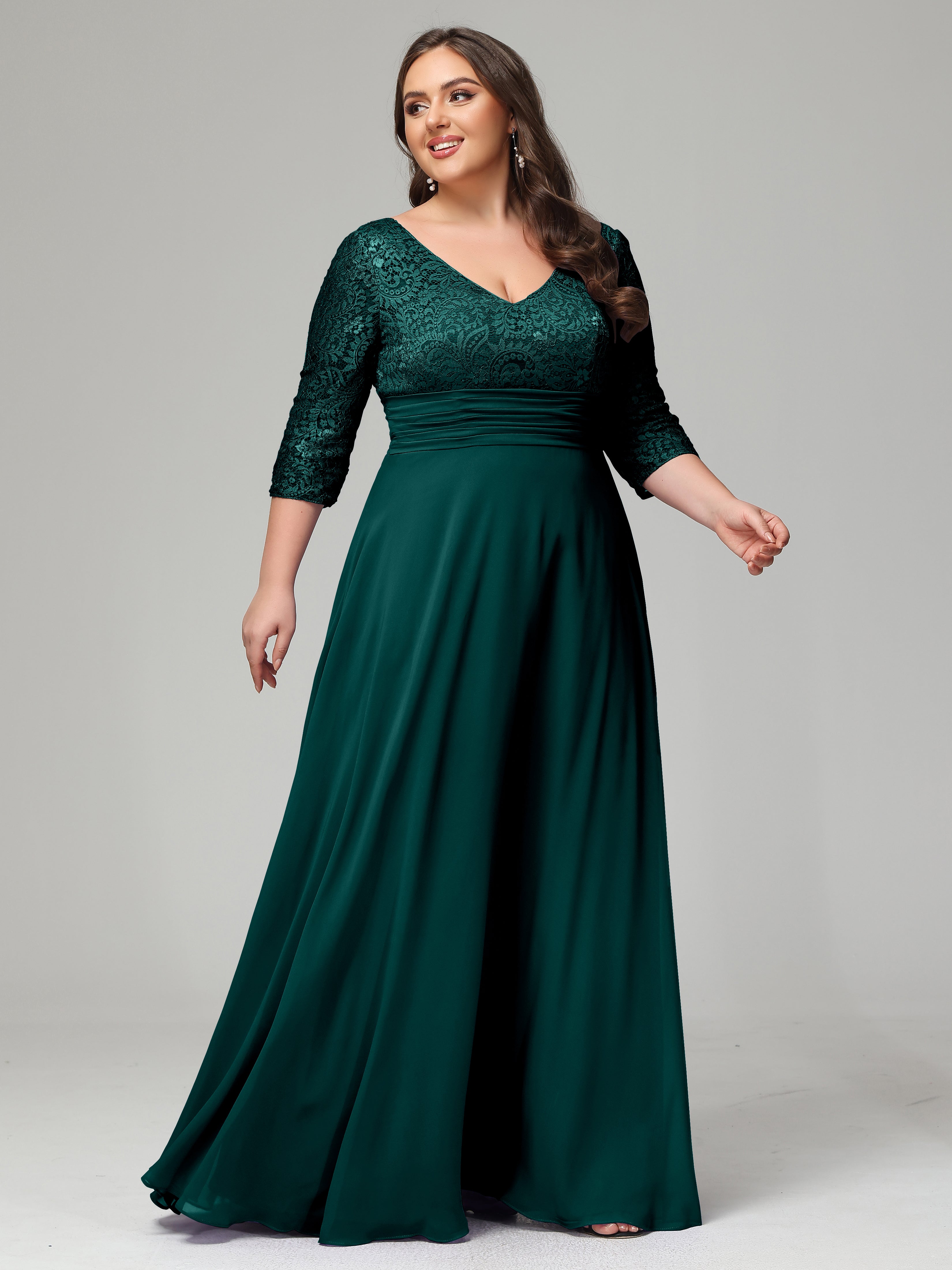 V-Neck Long Sleeves Lace Plus Size Bridesmaid Dresses