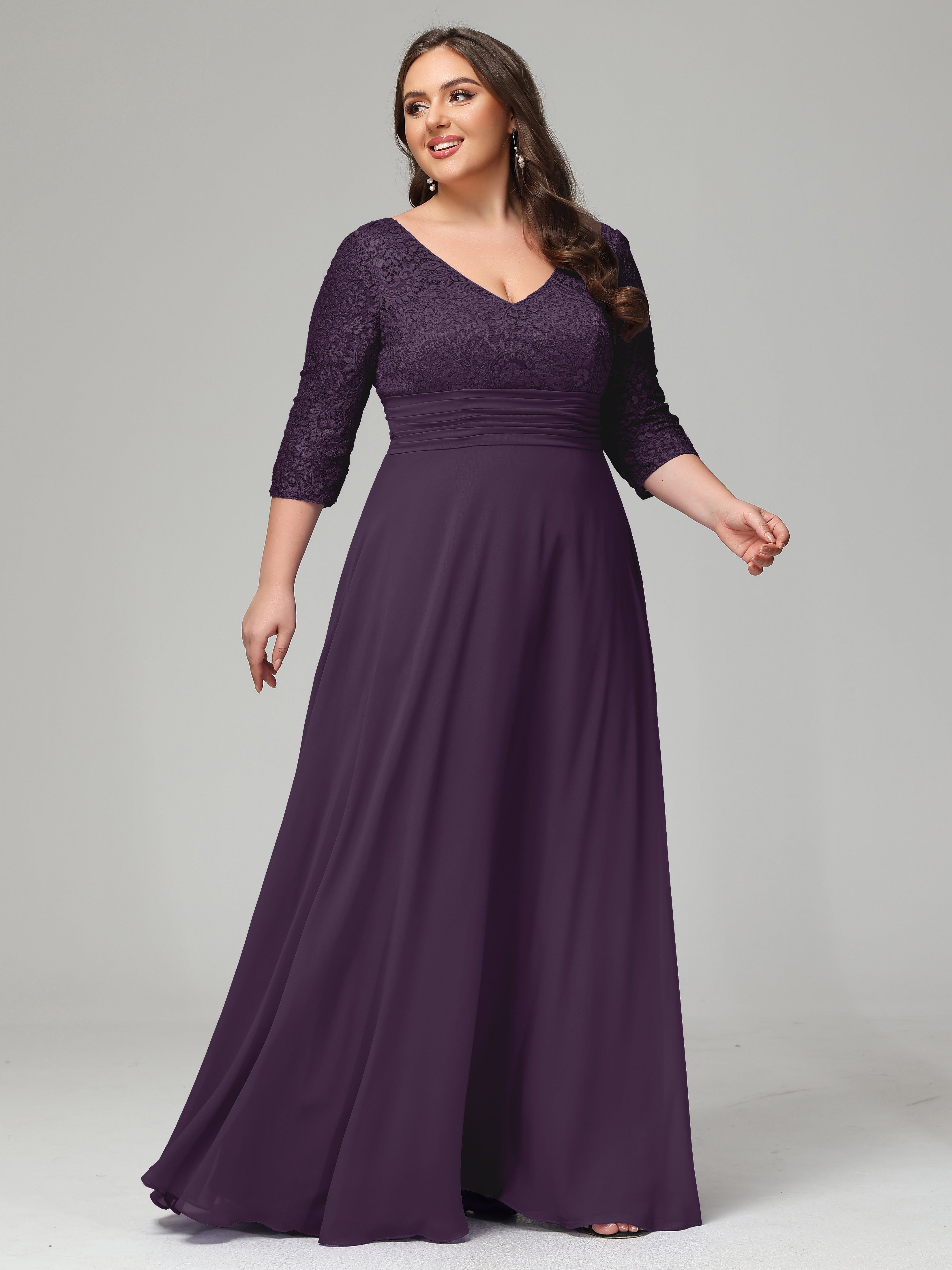 V-Neck Long Sleeves Lace Plus Size Bridesmaid Dresses